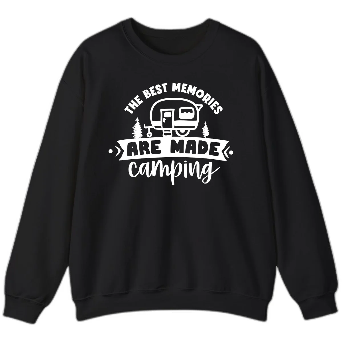 Vintage badge design with classic travel trailer, pine trees, and text reading 'The Best Memories Are Made Camping' in retro style. in Black