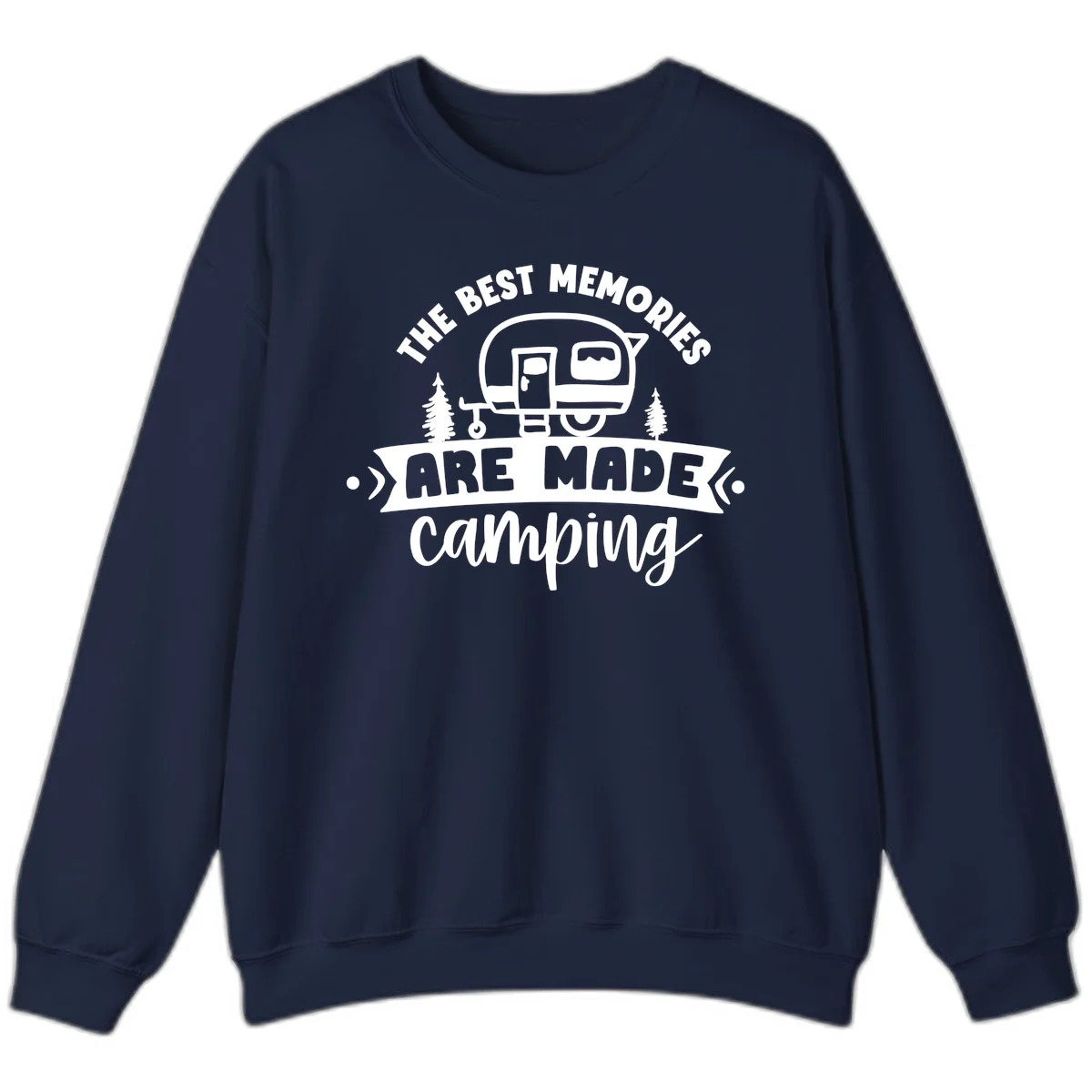 Vintage badge design with classic travel trailer, pine trees, and text reading 'The Best Memories Are Made Camping' in retro style. in Navy