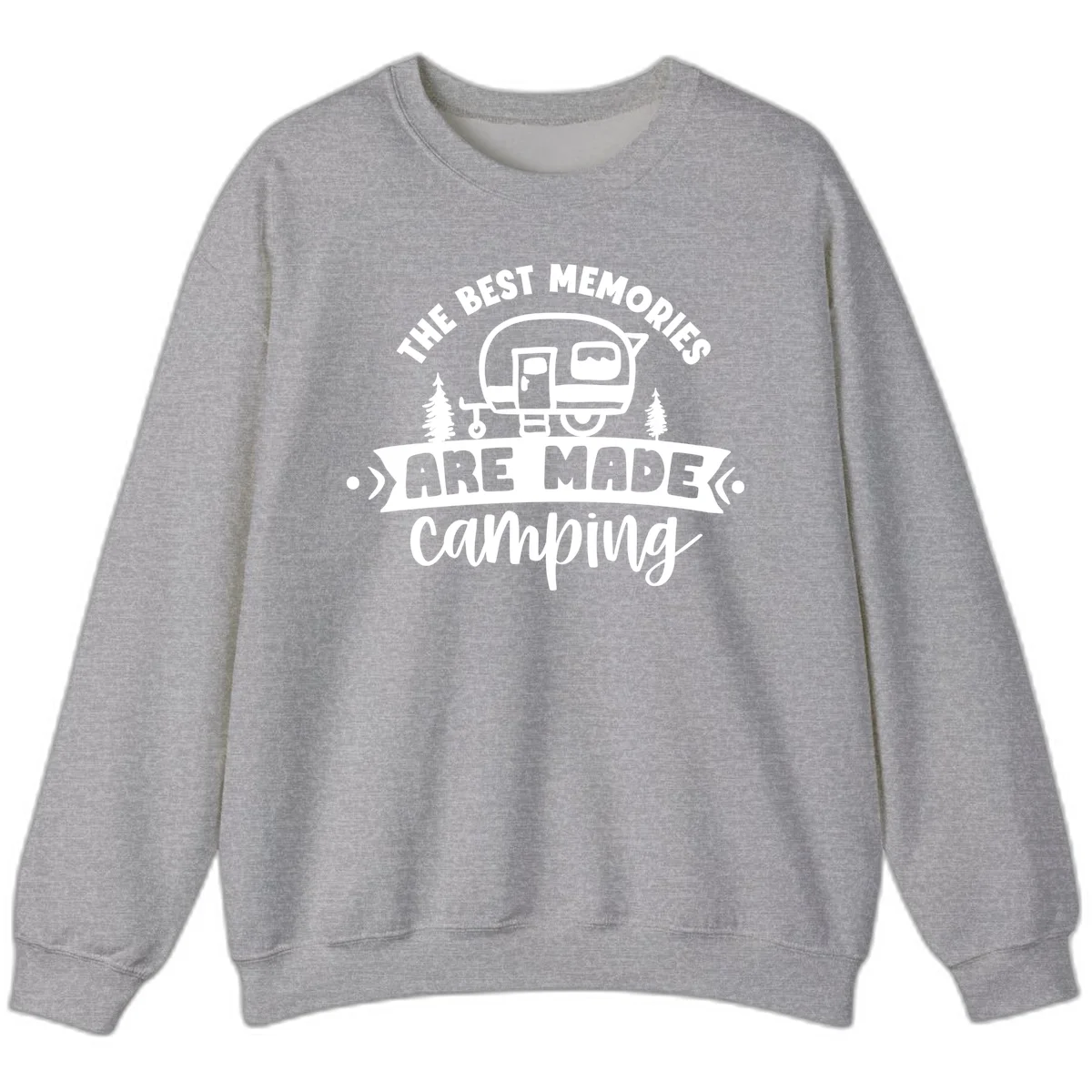Vintage badge design with classic travel trailer, pine trees, and text reading 'The Best Memories Are Made Camping' in retro style. in Sport Grey