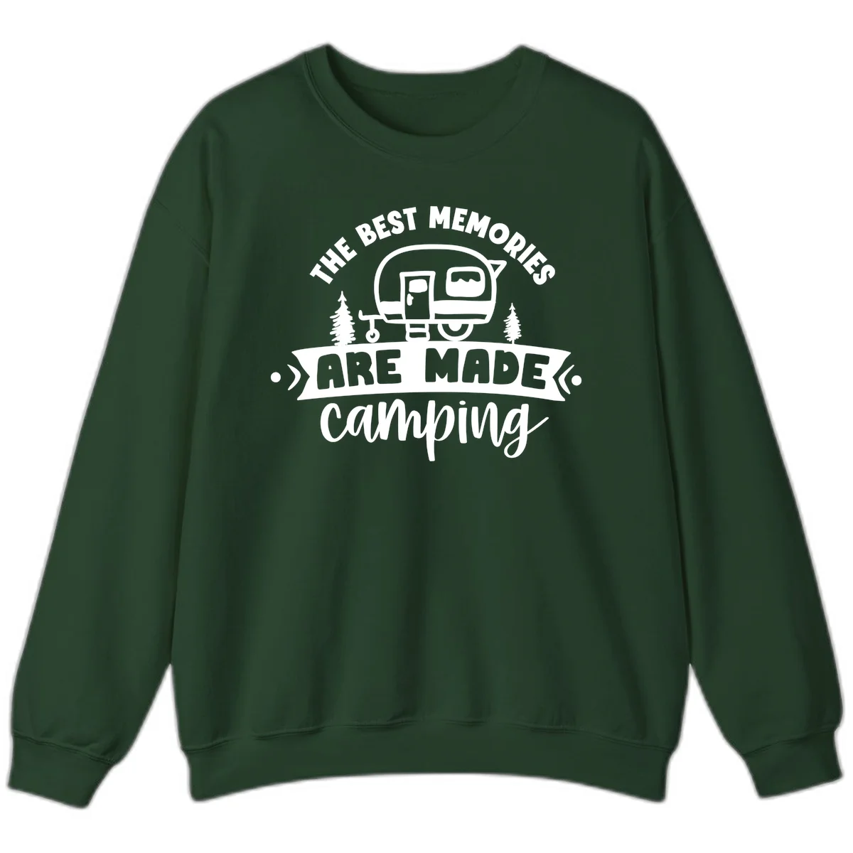 Vintage badge design with classic travel trailer, pine trees, and text reading 'The Best Memories Are Made Camping' in retro style. in Forest Green