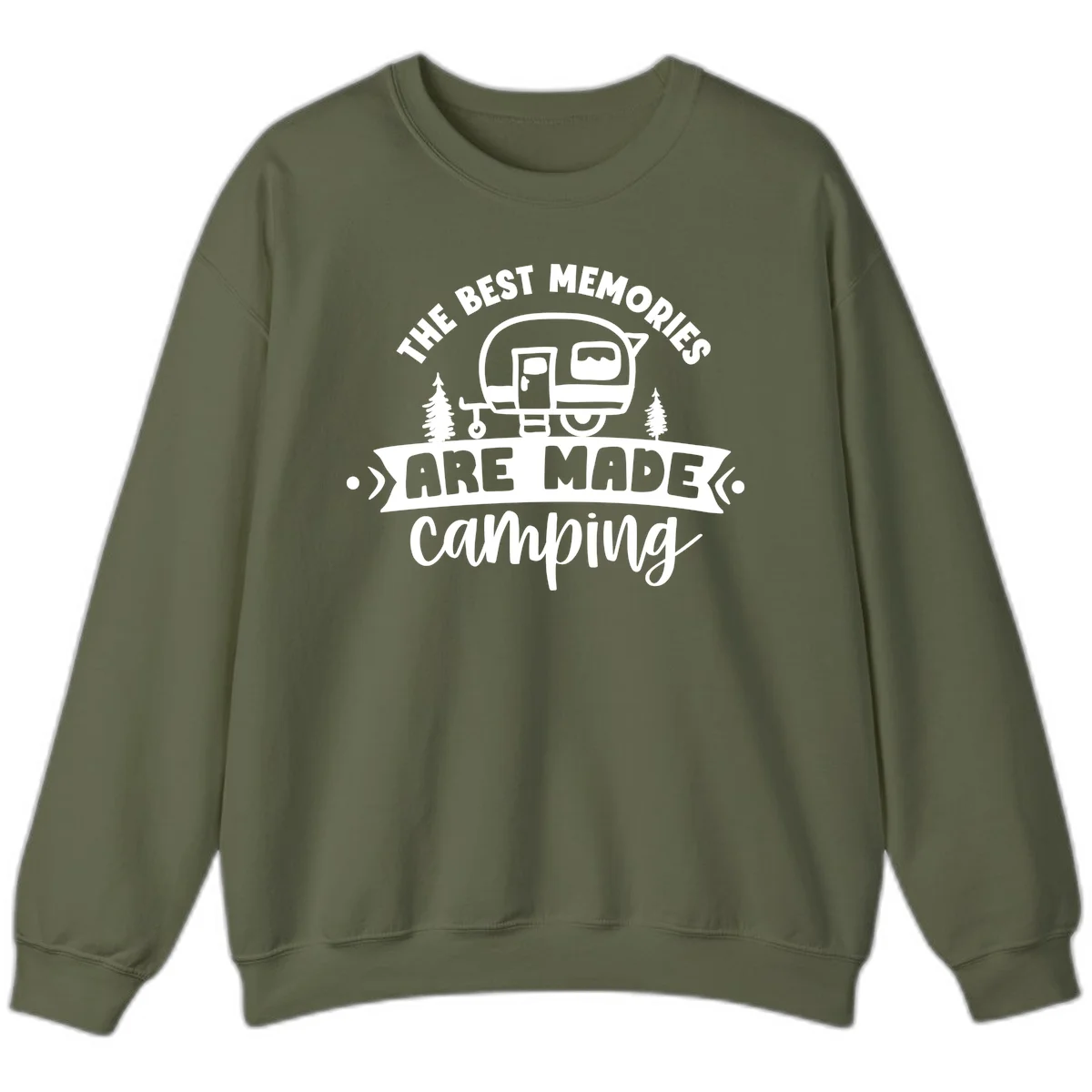 Vintage badge design with classic travel trailer, pine trees, and text reading 'The Best Memories Are Made Camping' in retro style. in Military Green
