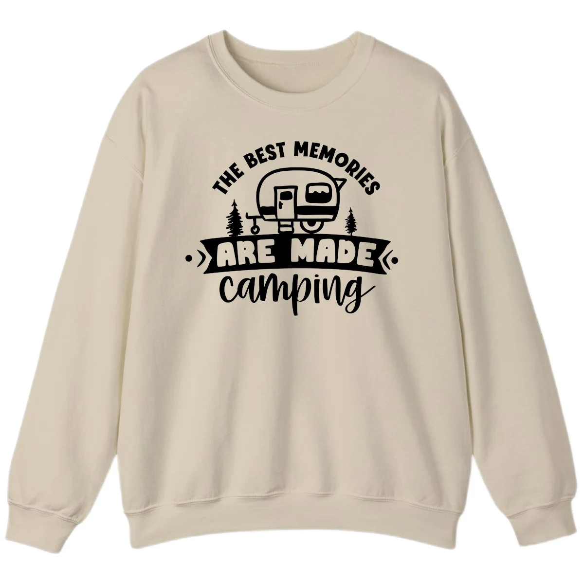 Vintage badge design with classic travel trailer, pine trees, and text reading 'The Best Memories Are Made Camping' in retro style. in Sand
