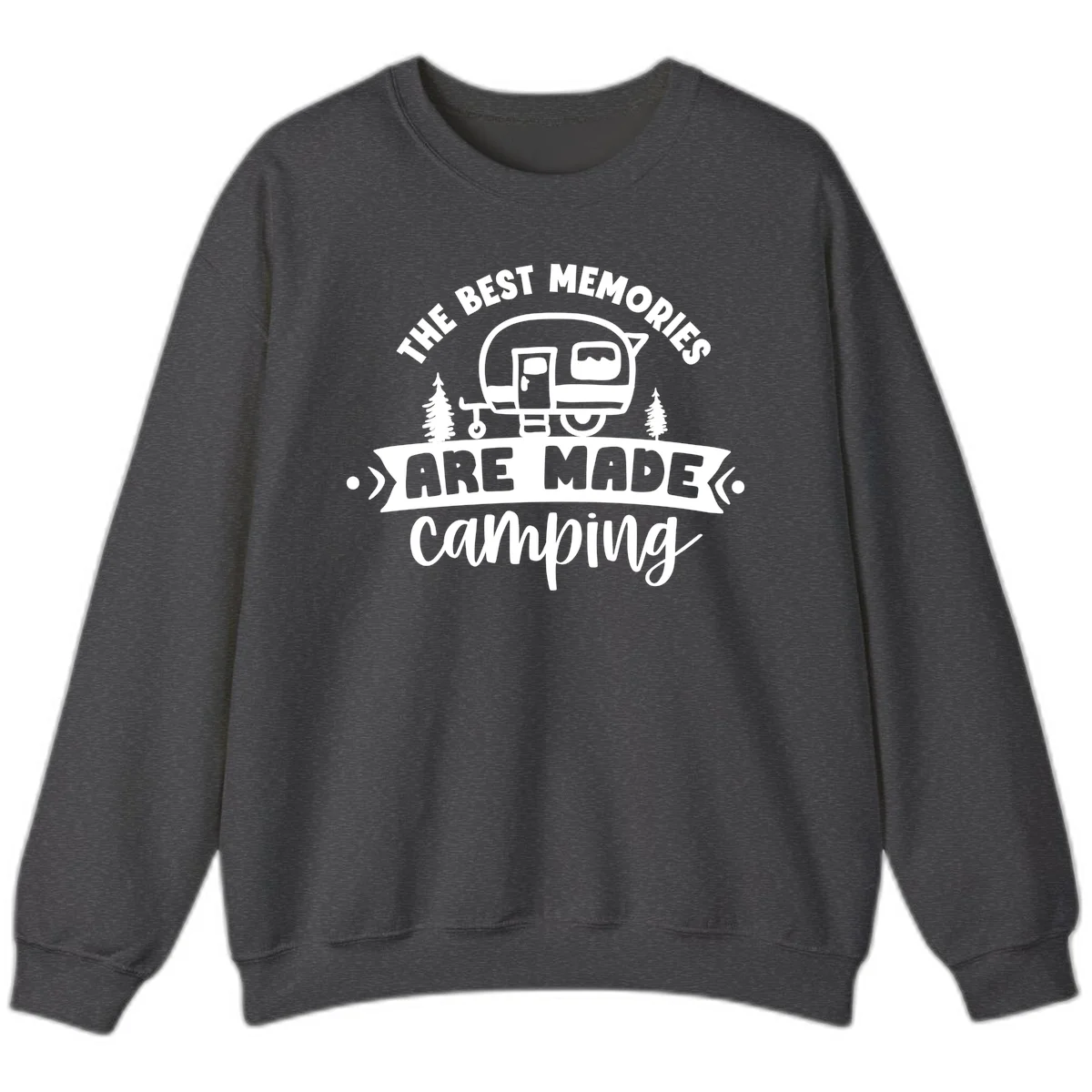 Vintage badge design with classic travel trailer, pine trees, and text reading 'The Best Memories Are Made Camping' in retro style. in Dark Heather