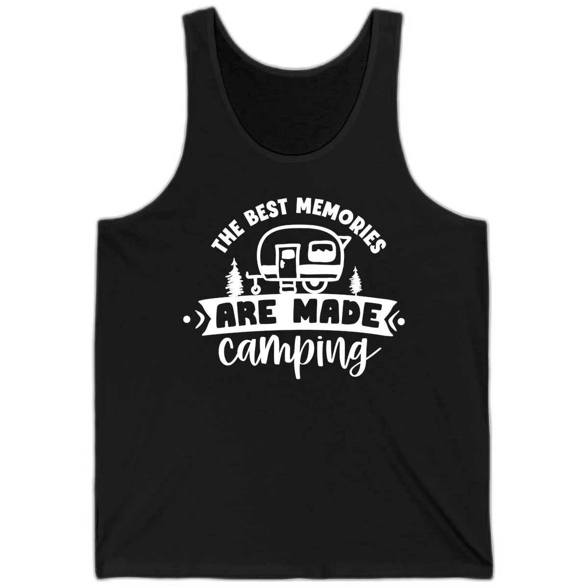 Vintage badge design with classic travel trailer, pine trees, and text reading 'The Best Memories Are Made Camping' in retro style. in Black