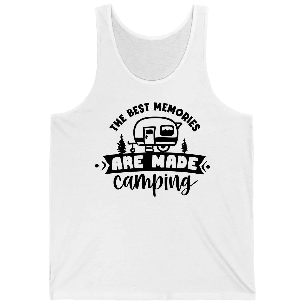 Vintage badge design with classic travel trailer, pine trees, and text reading 'The Best Memories Are Made Camping' in retro style. in White