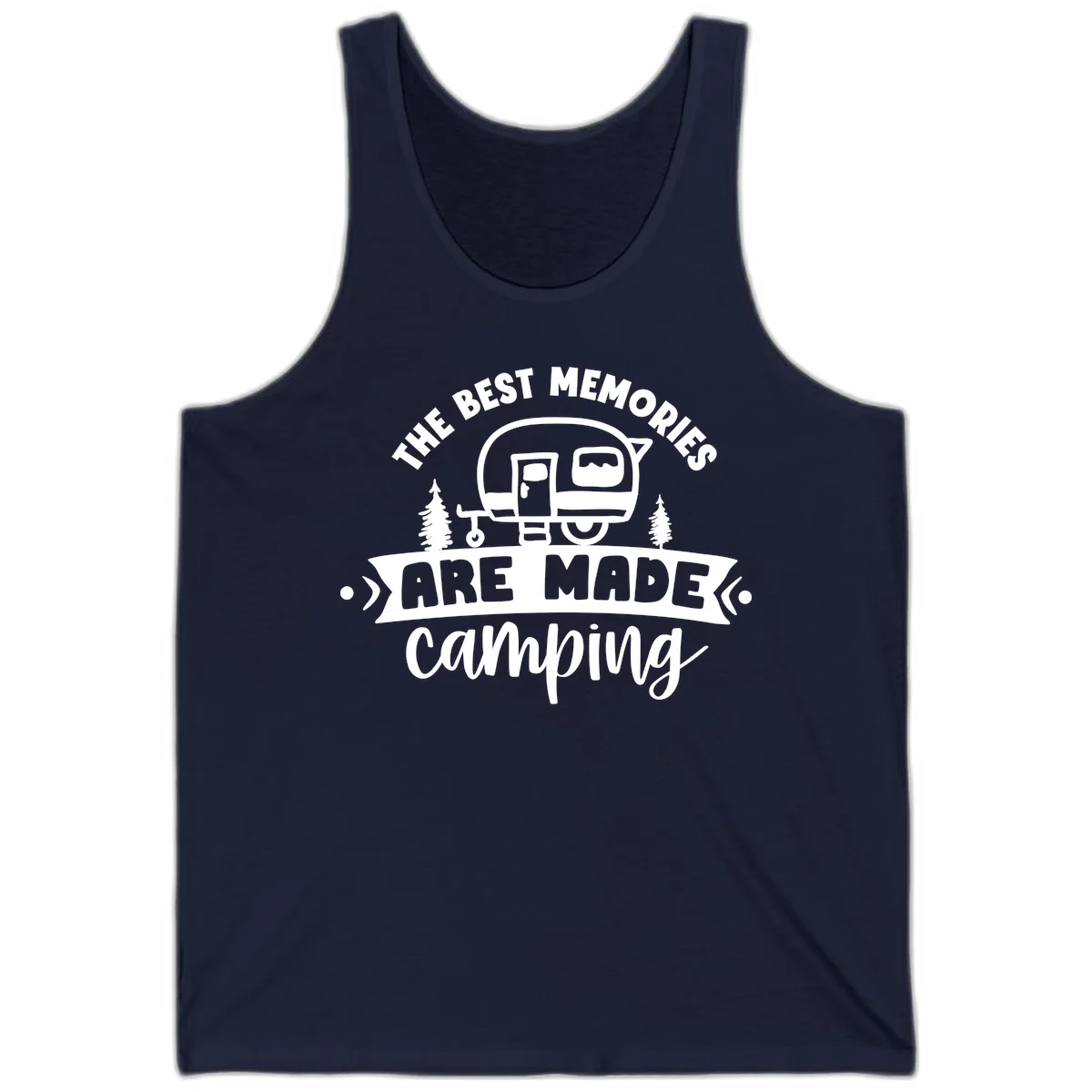 Vintage badge design with classic travel trailer, pine trees, and text reading 'The Best Memories Are Made Camping' in retro style. in Navy