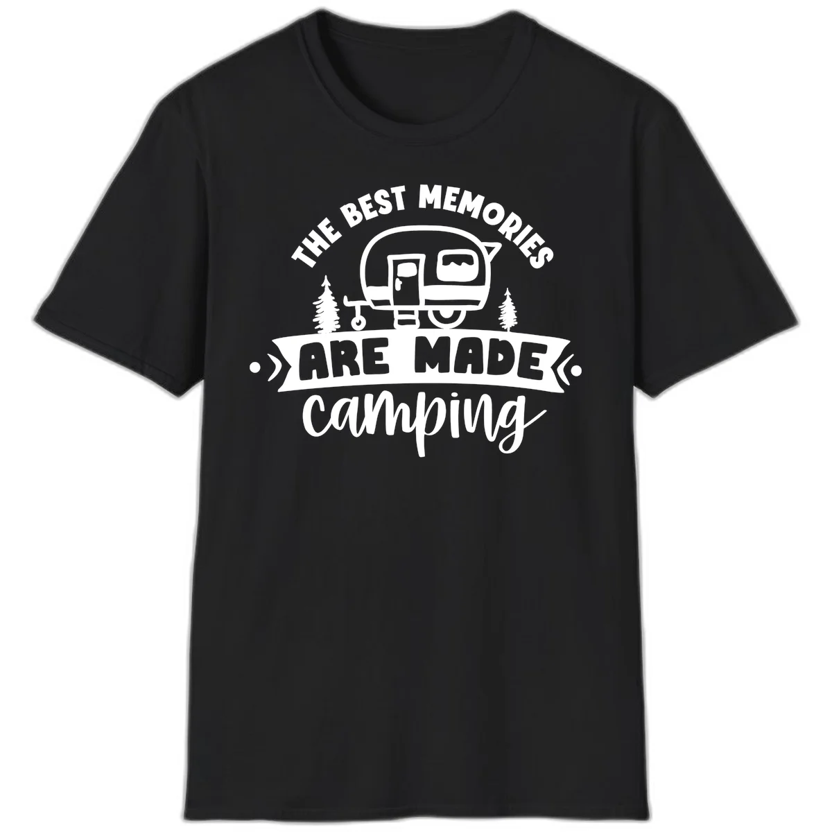 Vintage badge design with classic travel trailer, pine trees, and text reading 'The Best Memories Are Made Camping' in retro style. in Black
