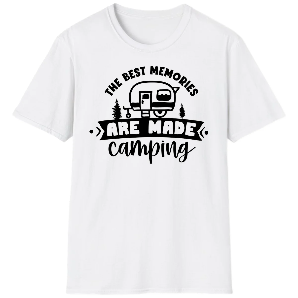 Vintage badge design with classic travel trailer, pine trees, and text reading 'The Best Memories Are Made Camping' in retro style. in White