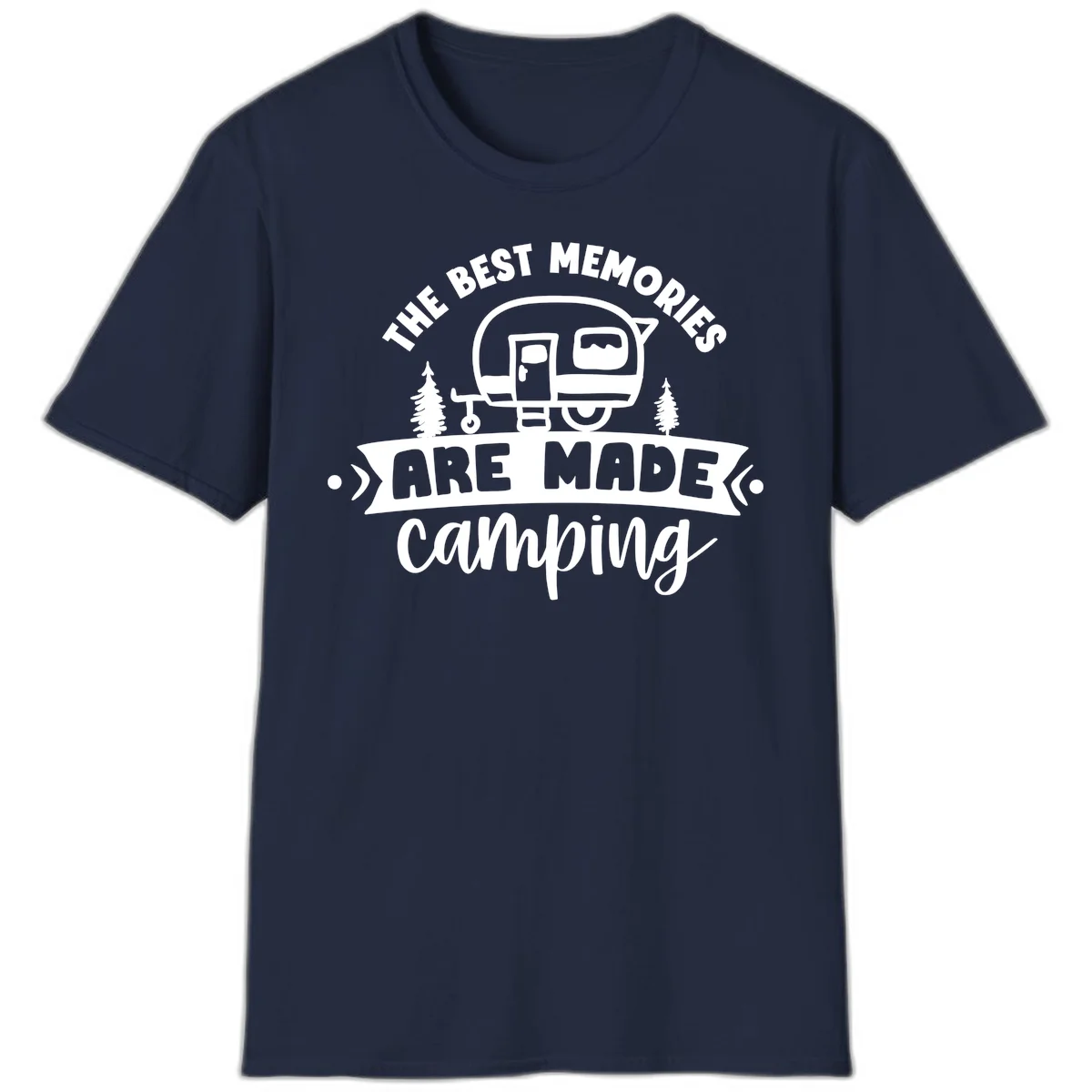 Vintage badge design with classic travel trailer, pine trees, and text reading 'The Best Memories Are Made Camping' in retro style. in Navy