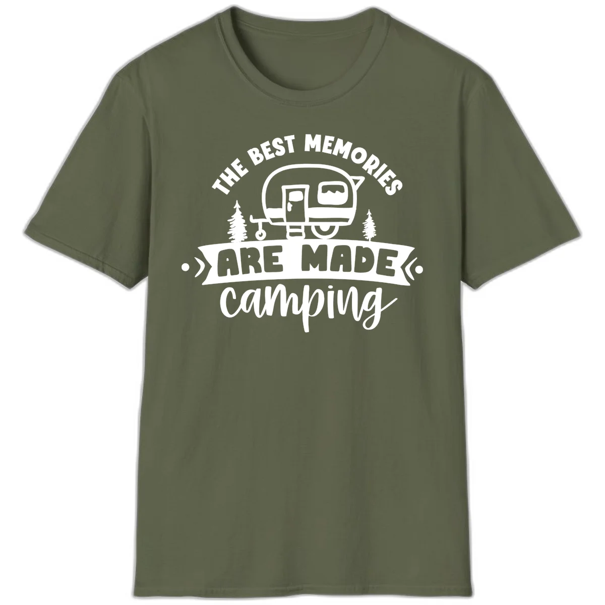 Vintage badge design with classic travel trailer, pine trees, and text reading 'The Best Memories Are Made Camping' in retro style. in Military Green