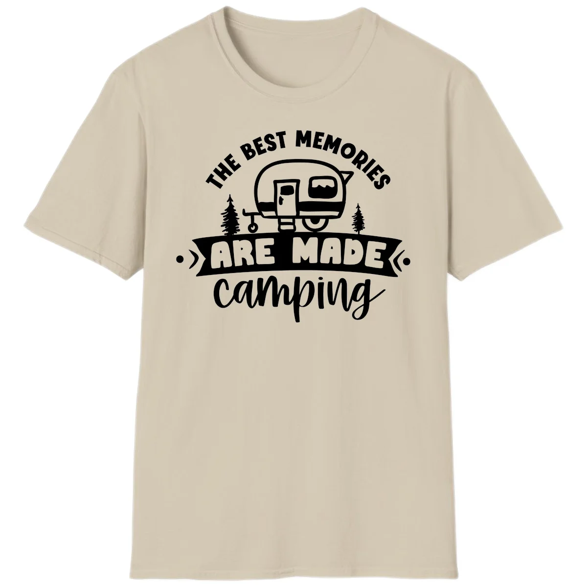 Vintage badge design with classic travel trailer, pine trees, and text reading 'The Best Memories Are Made Camping' in retro style. in Sand