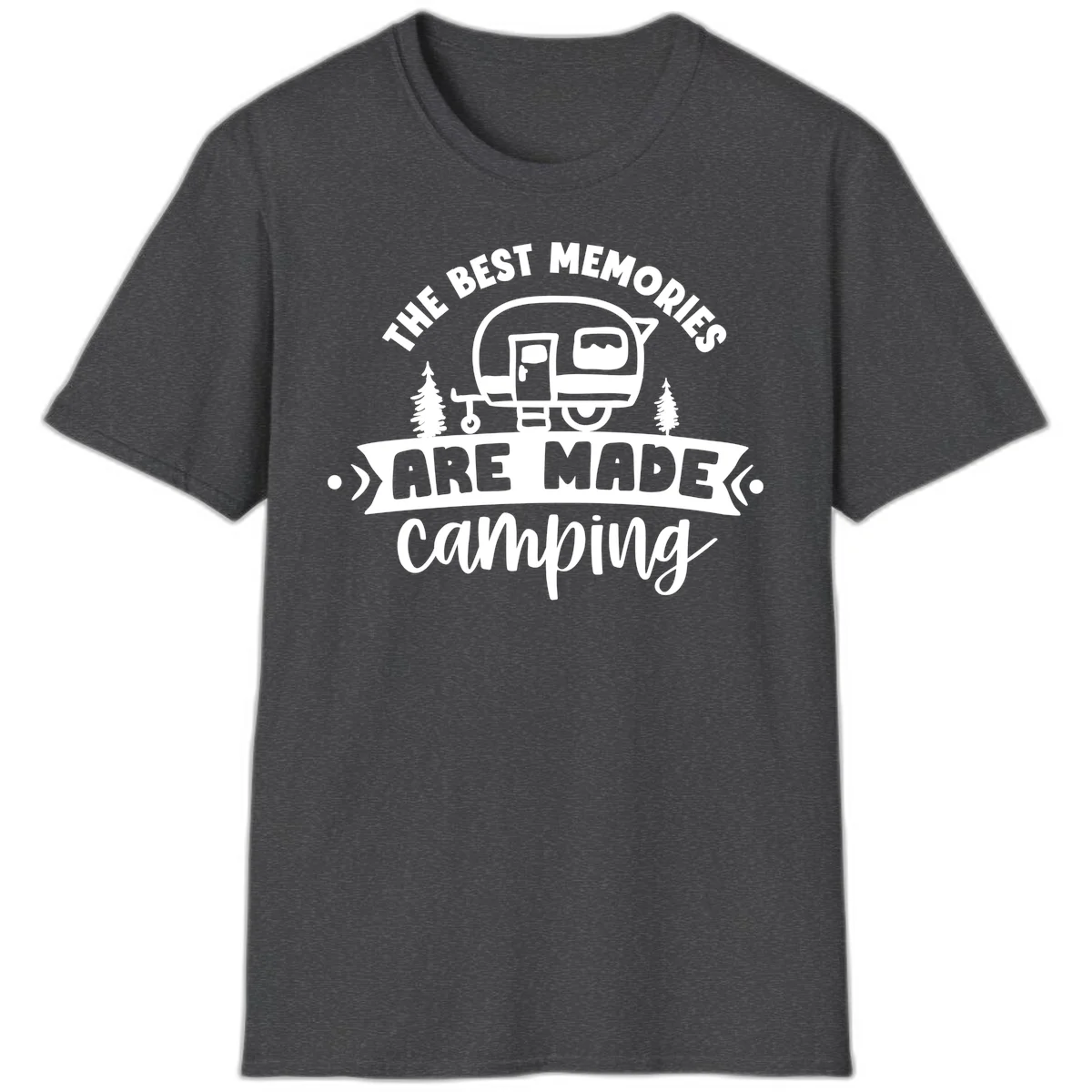 Vintage badge design with classic travel trailer, pine trees, and text reading 'The Best Memories Are Made Camping' in retro style. in Dark Heather