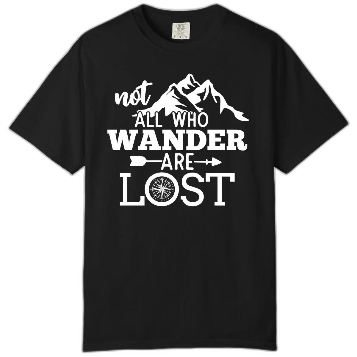 White mountain silhouette with compass rose and arrows, text reads 'not ALL WHO WANDER ARE LOST' on gray background in Black