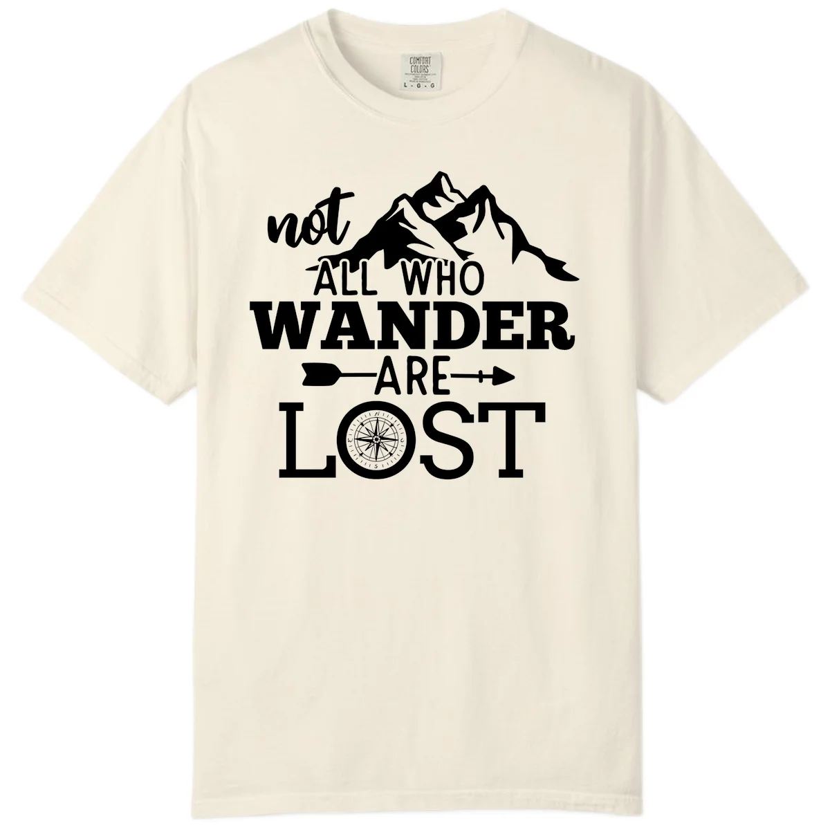 White mountain silhouette with compass rose and arrows, text reads 'not ALL WHO WANDER ARE LOST' on gray background in Ivory