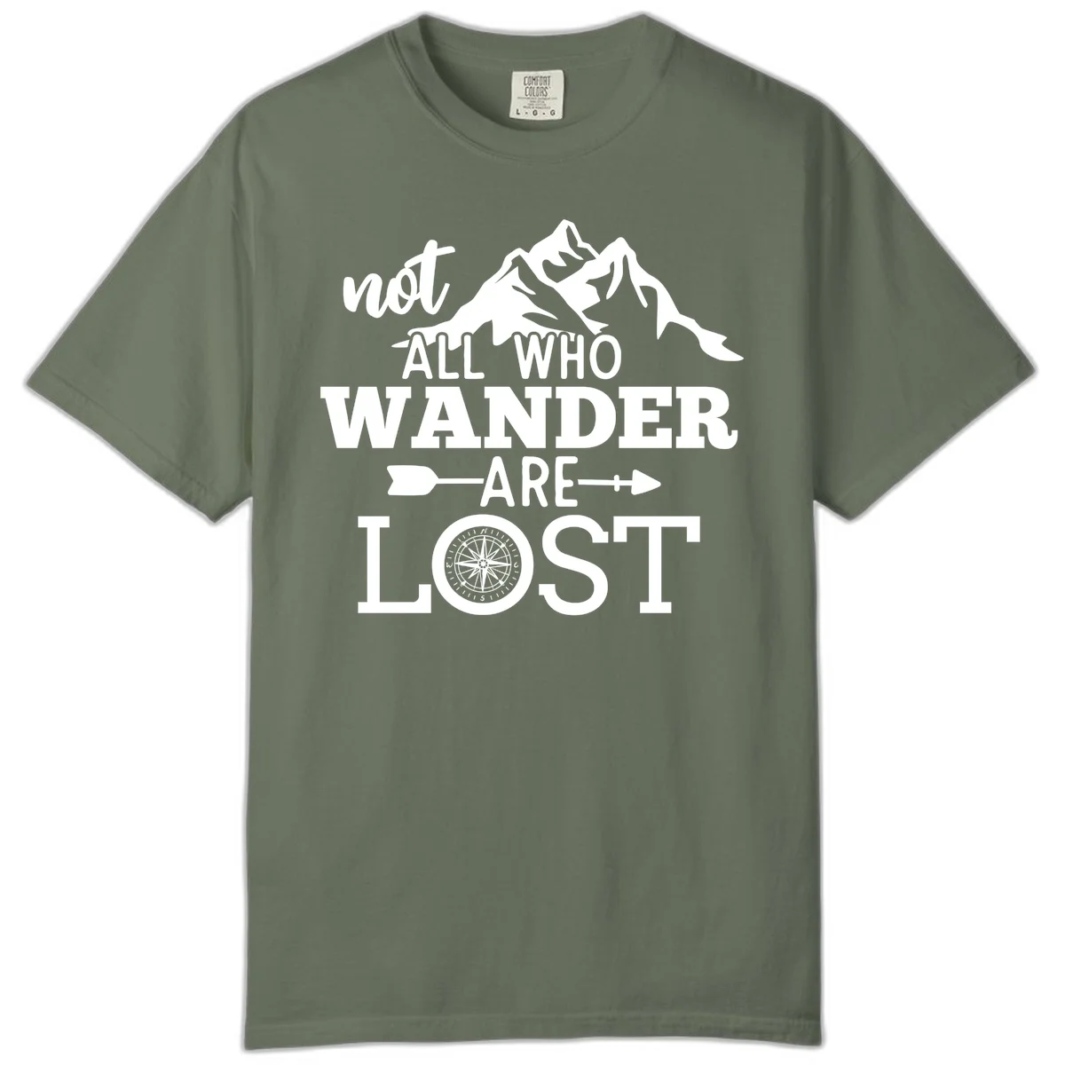 White mountain silhouette with compass rose and arrows, text reads 'not ALL WHO WANDER ARE LOST' on gray background in Moss