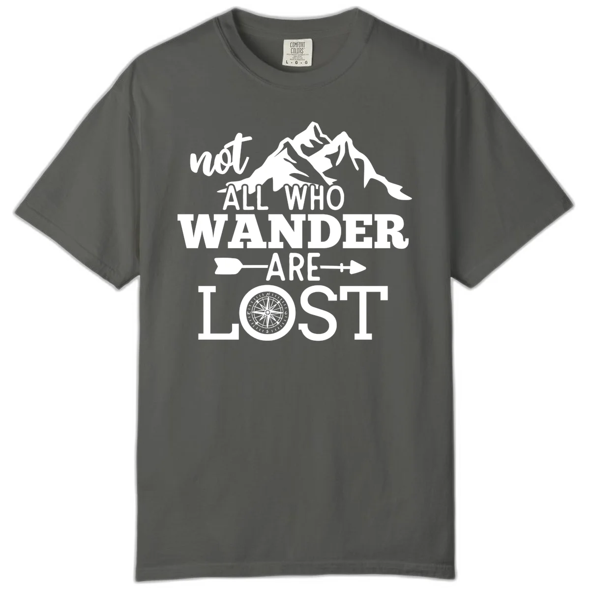 White mountain silhouette with compass rose and arrows, text reads 'not ALL WHO WANDER ARE LOST' on gray background in Pepper