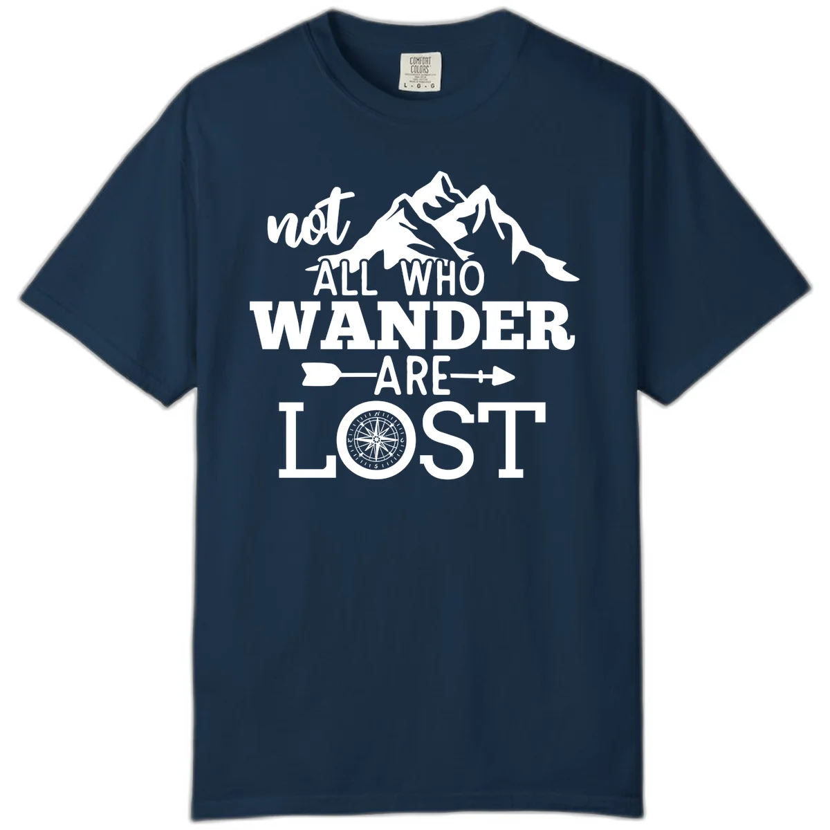 White mountain silhouette with compass rose and arrows, text reads 'not ALL WHO WANDER ARE LOST' on gray background in True Navy