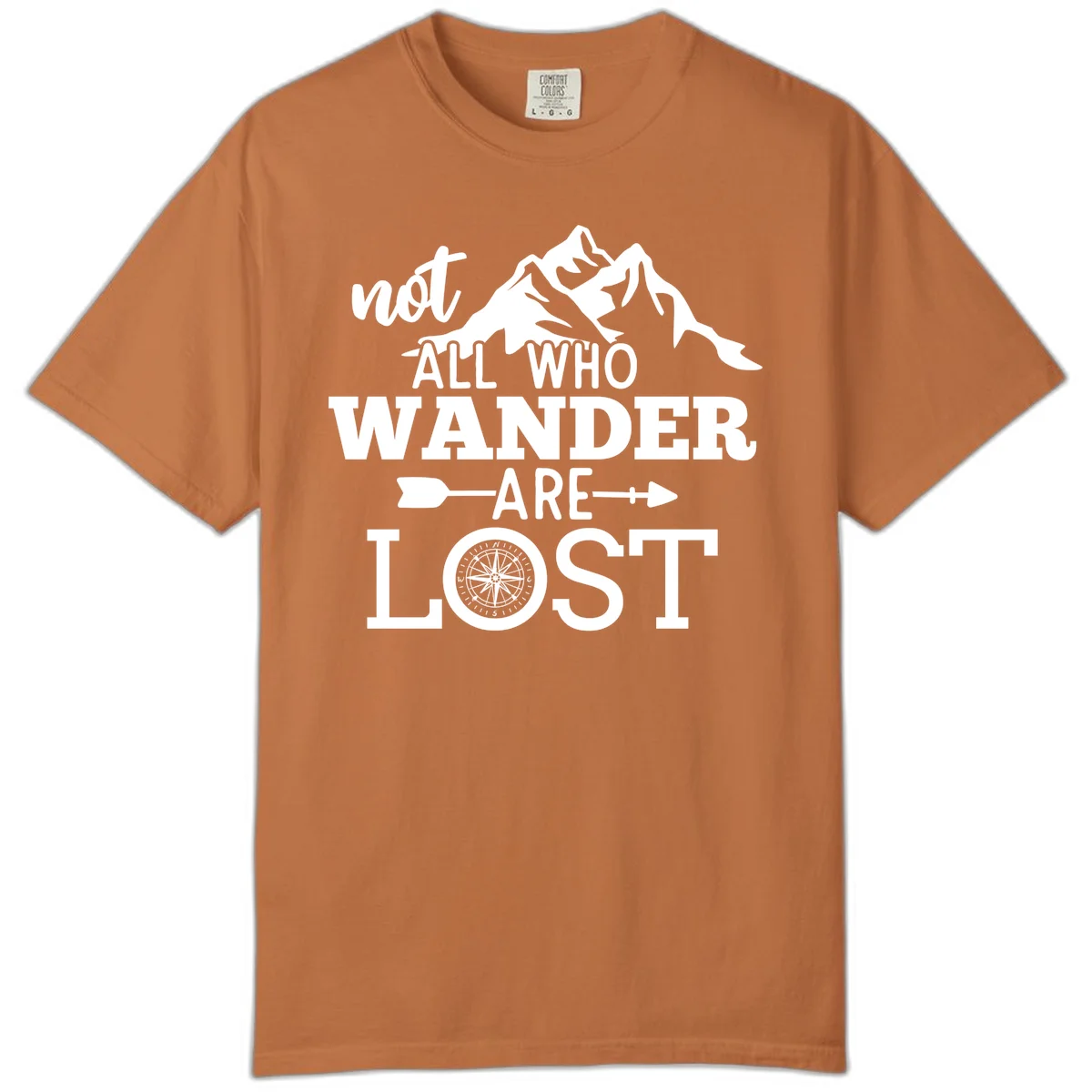 White mountain silhouette with compass rose and arrows, text reads 'not ALL WHO WANDER ARE LOST' on gray background in Yam