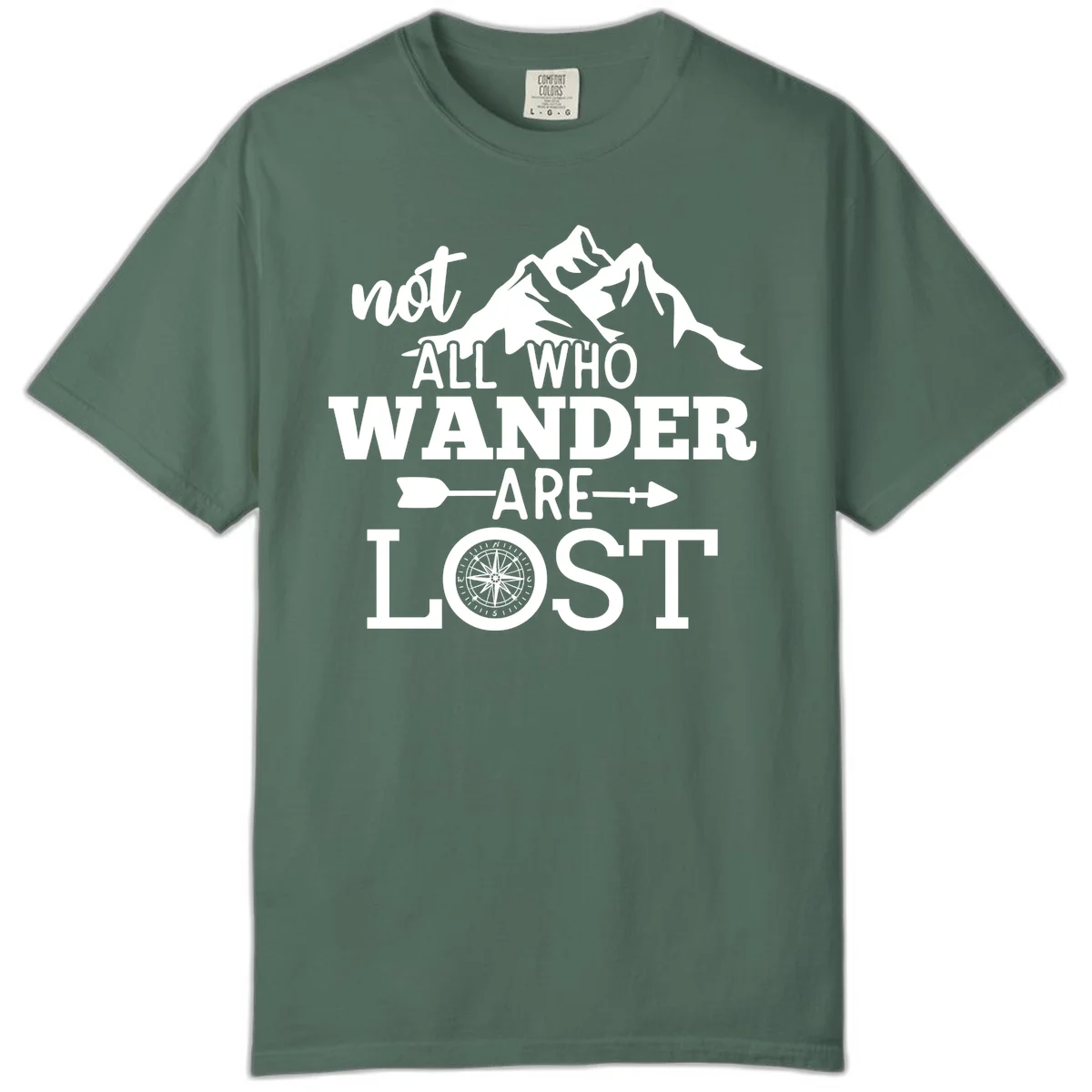 White mountain silhouette with compass rose and arrows, text reads 'not ALL WHO WANDER ARE LOST' on gray background in Blue Spruce