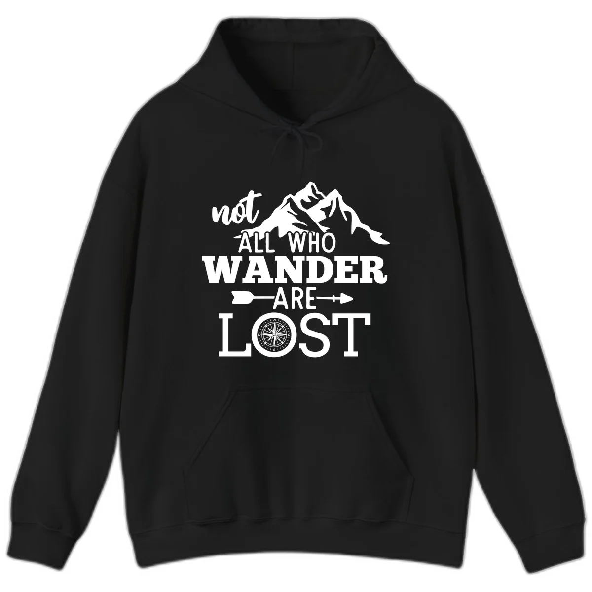 White mountain silhouette with compass rose and arrows, text reads 'not ALL WHO WANDER ARE LOST' on gray background in Black