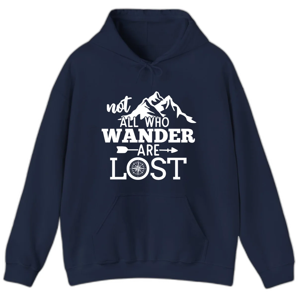 White mountain silhouette with compass rose and arrows, text reads 'not ALL WHO WANDER ARE LOST' on gray background in Navy
