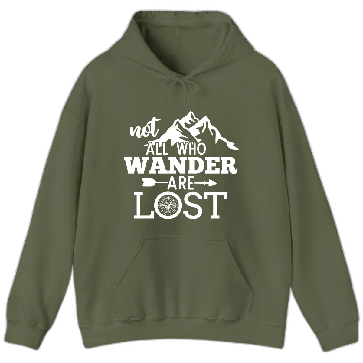White mountain silhouette with compass rose and arrows, text reads 'not ALL WHO WANDER ARE LOST' on gray background in Military Green