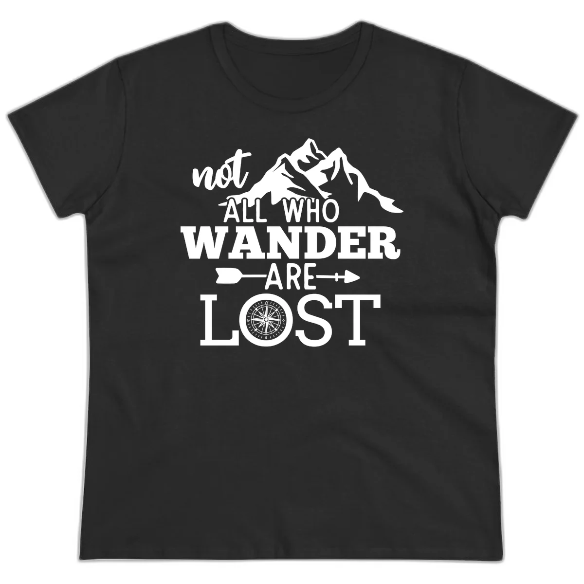 White mountain silhouette with compass rose and arrows, text reads 'not ALL WHO WANDER ARE LOST' on gray background in Black