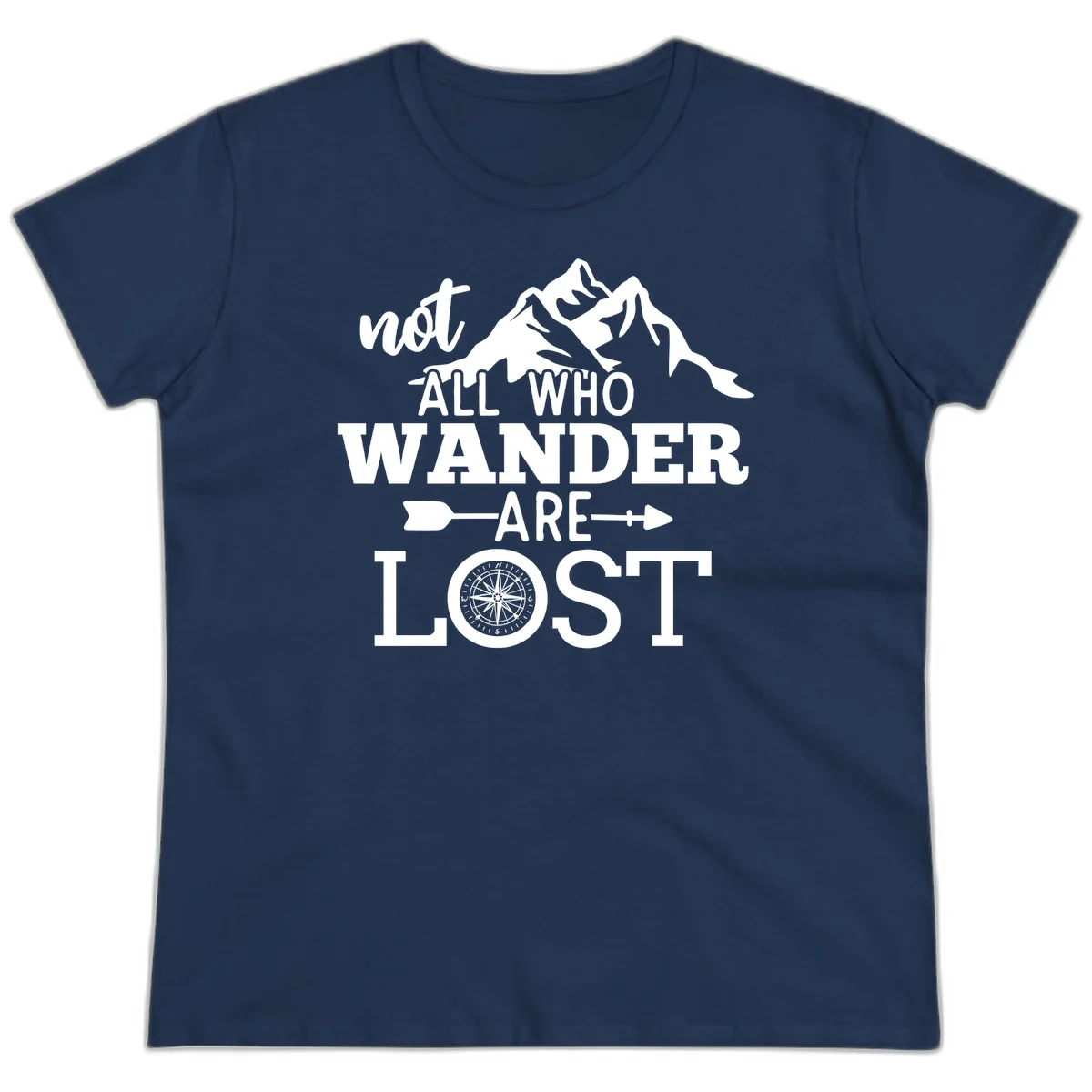 White mountain silhouette with compass rose and arrows, text reads 'not ALL WHO WANDER ARE LOST' on gray background in Navy