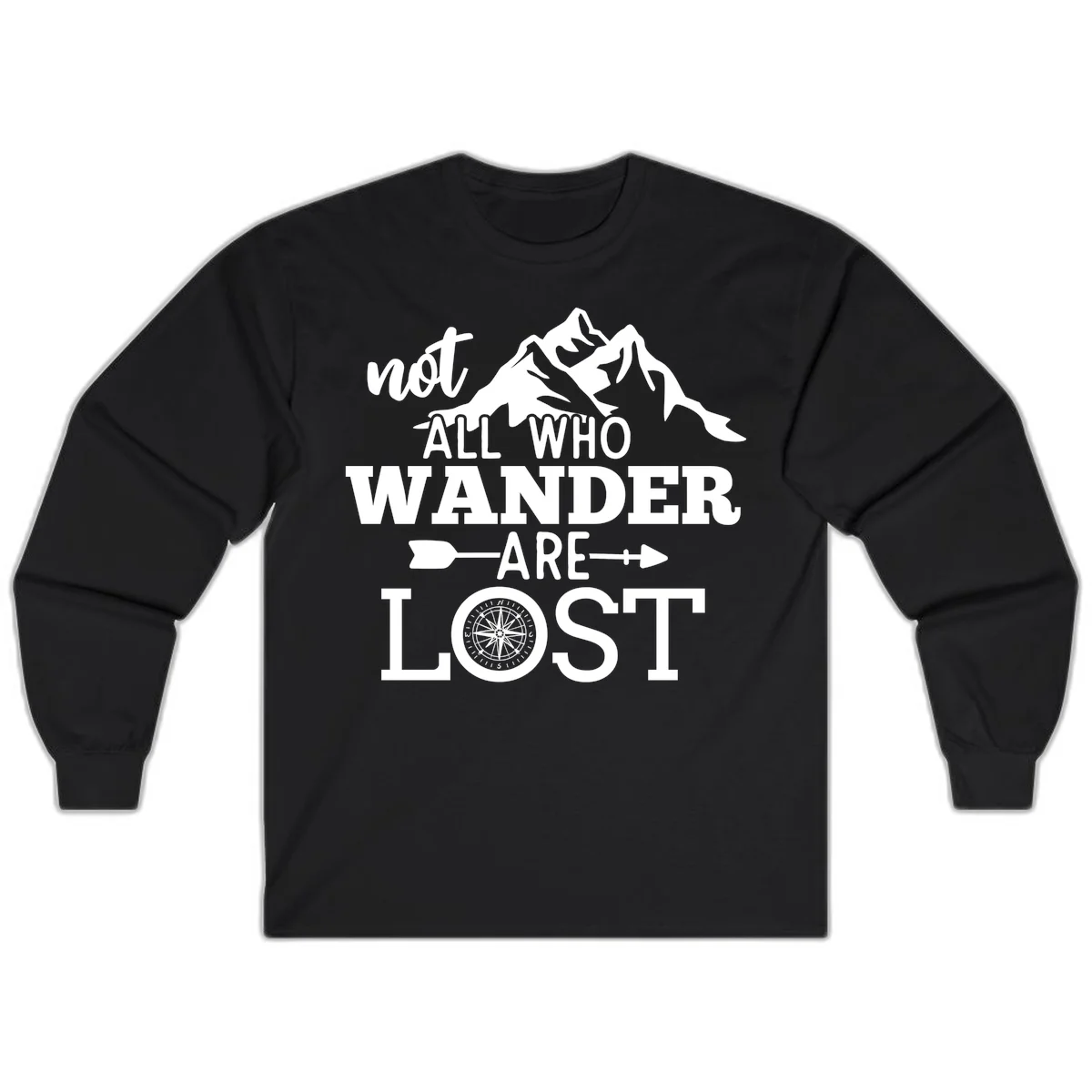 White mountain silhouette with compass rose and arrows, text reads 'not ALL WHO WANDER ARE LOST' on gray background in Black