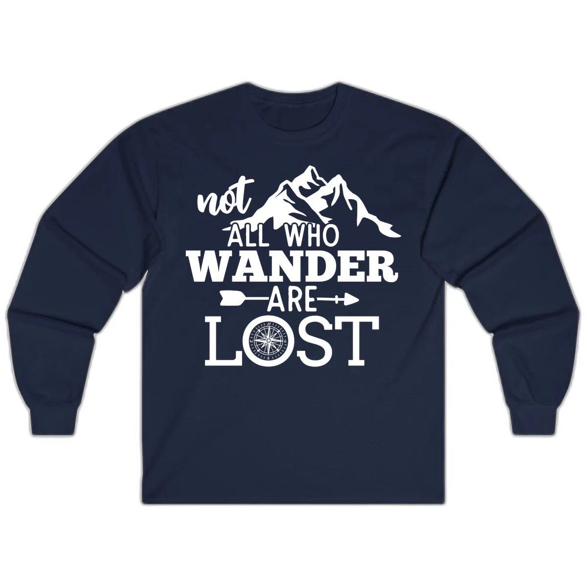 White mountain silhouette with compass rose and arrows, text reads 'not ALL WHO WANDER ARE LOST' on gray background in Navy