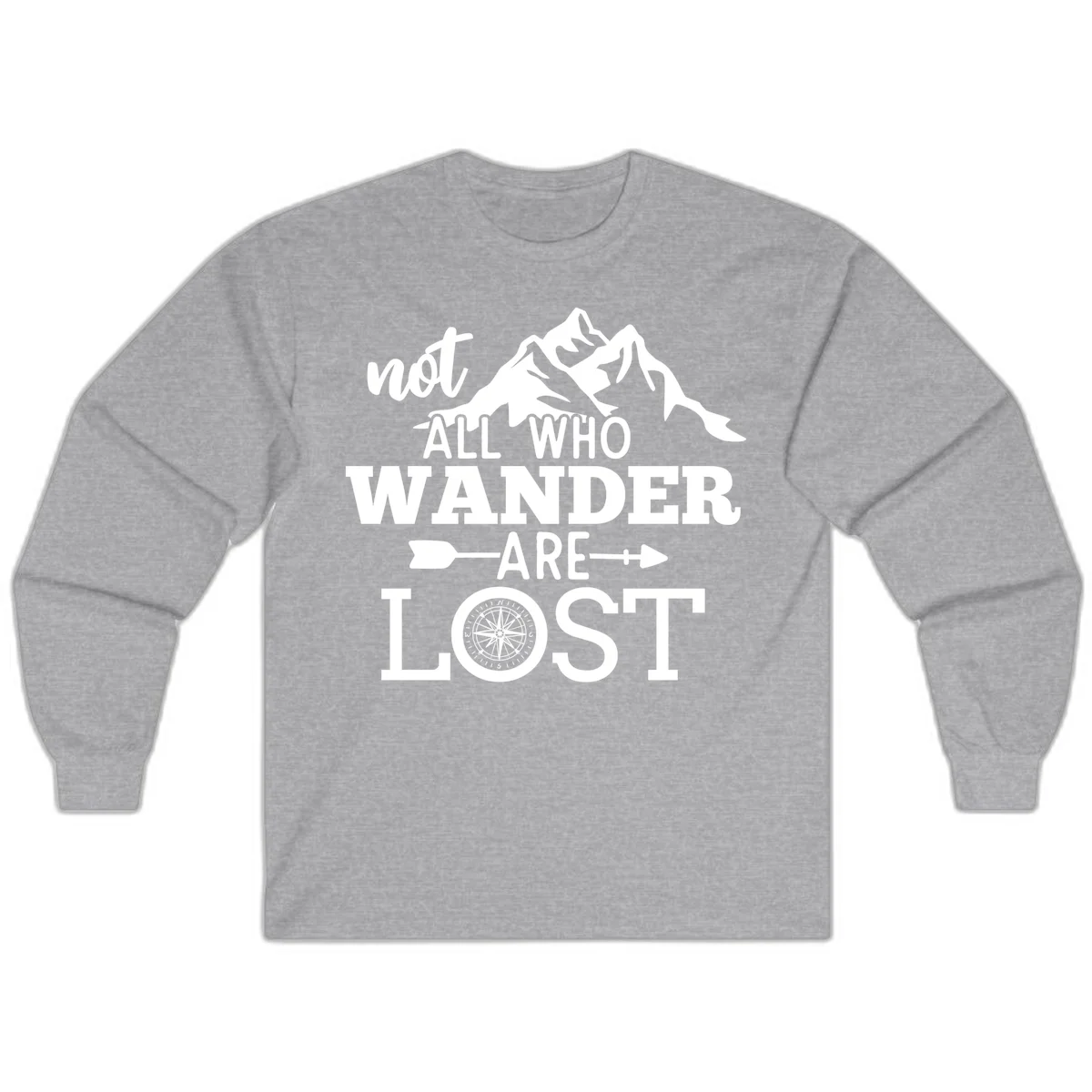 White mountain silhouette with compass rose and arrows, text reads 'not ALL WHO WANDER ARE LOST' on gray background in Sport Grey