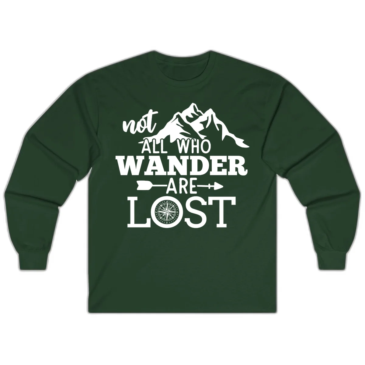 White mountain silhouette with compass rose and arrows, text reads 'not ALL WHO WANDER ARE LOST' on gray background in Forest Green