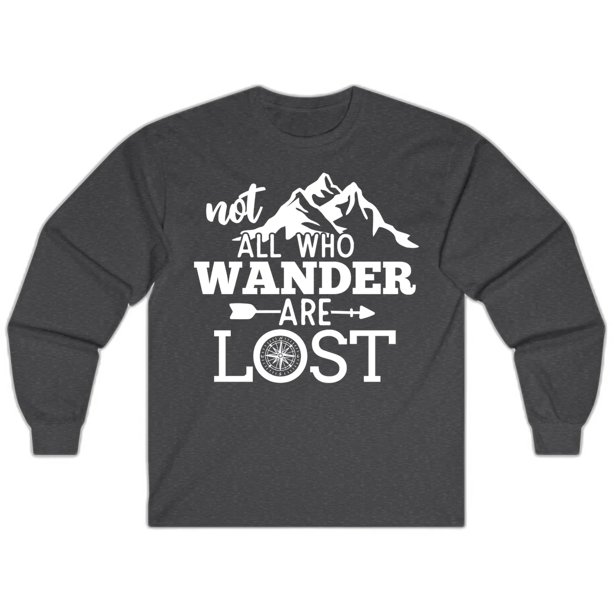 White mountain silhouette with compass rose and arrows, text reads 'not ALL WHO WANDER ARE LOST' on gray background in Dark Heather