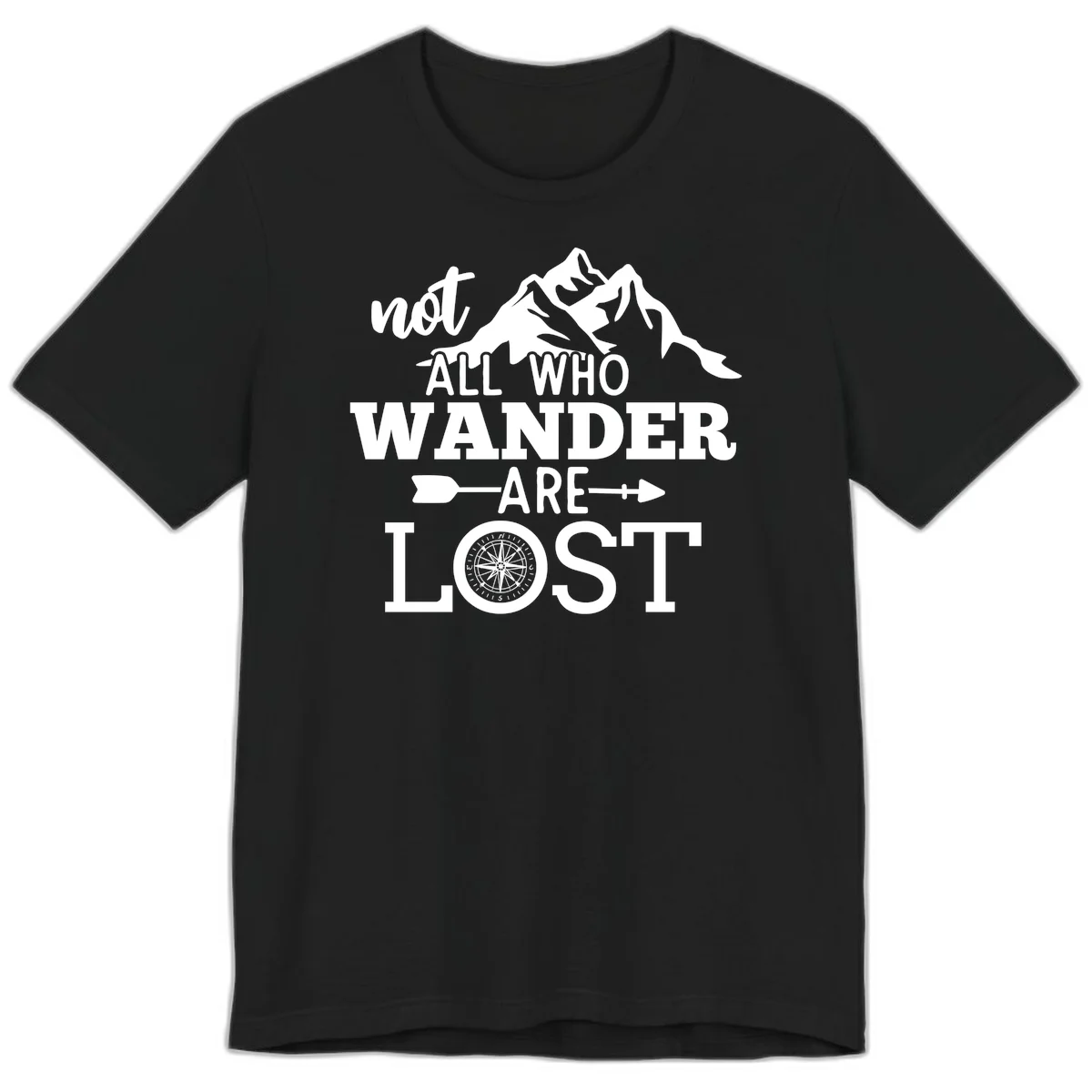 White mountain silhouette with compass rose and arrows, text reads 'not ALL WHO WANDER ARE LOST' on gray background in Black