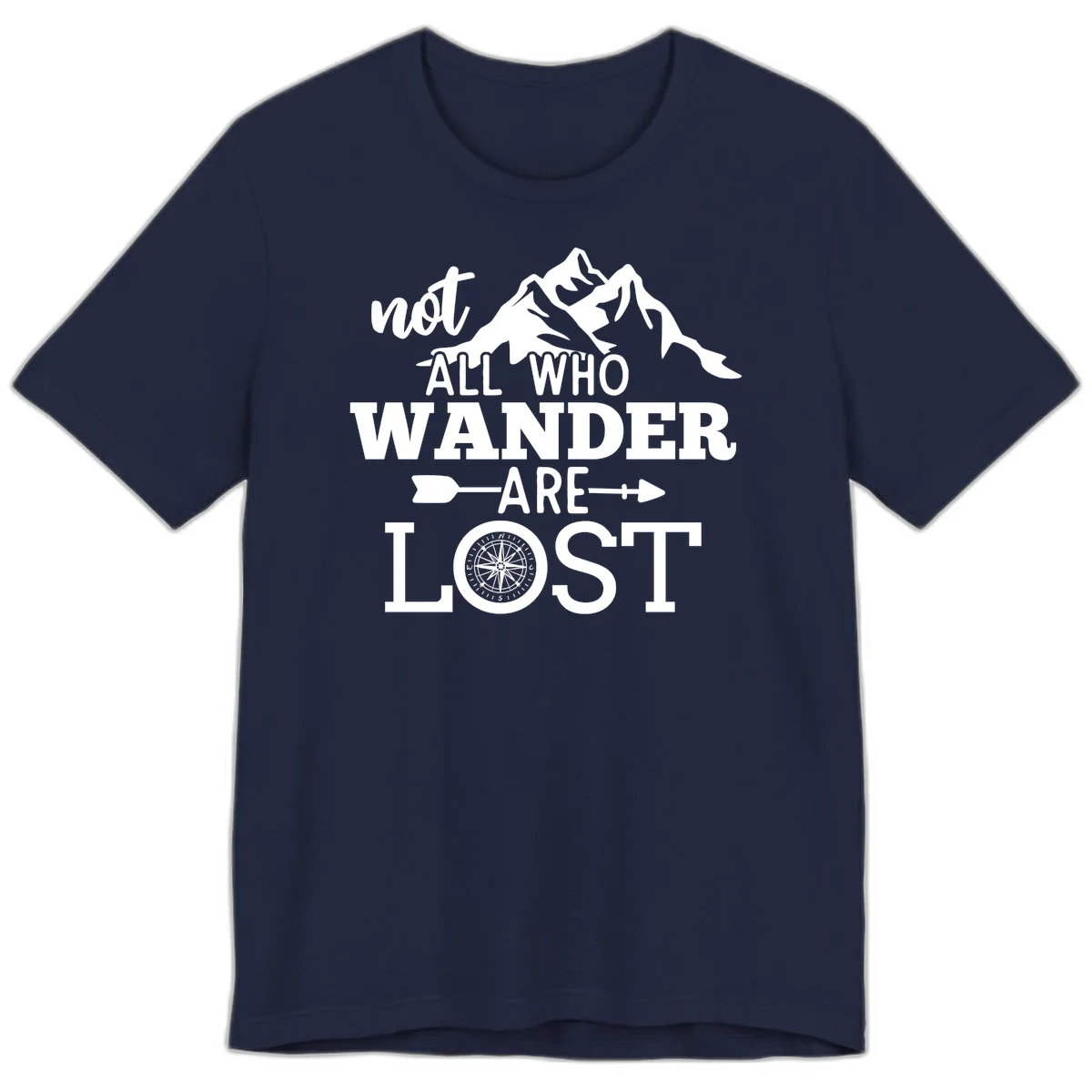 White mountain silhouette with compass rose and arrows, text reads 'not ALL WHO WANDER ARE LOST' on gray background in Navy