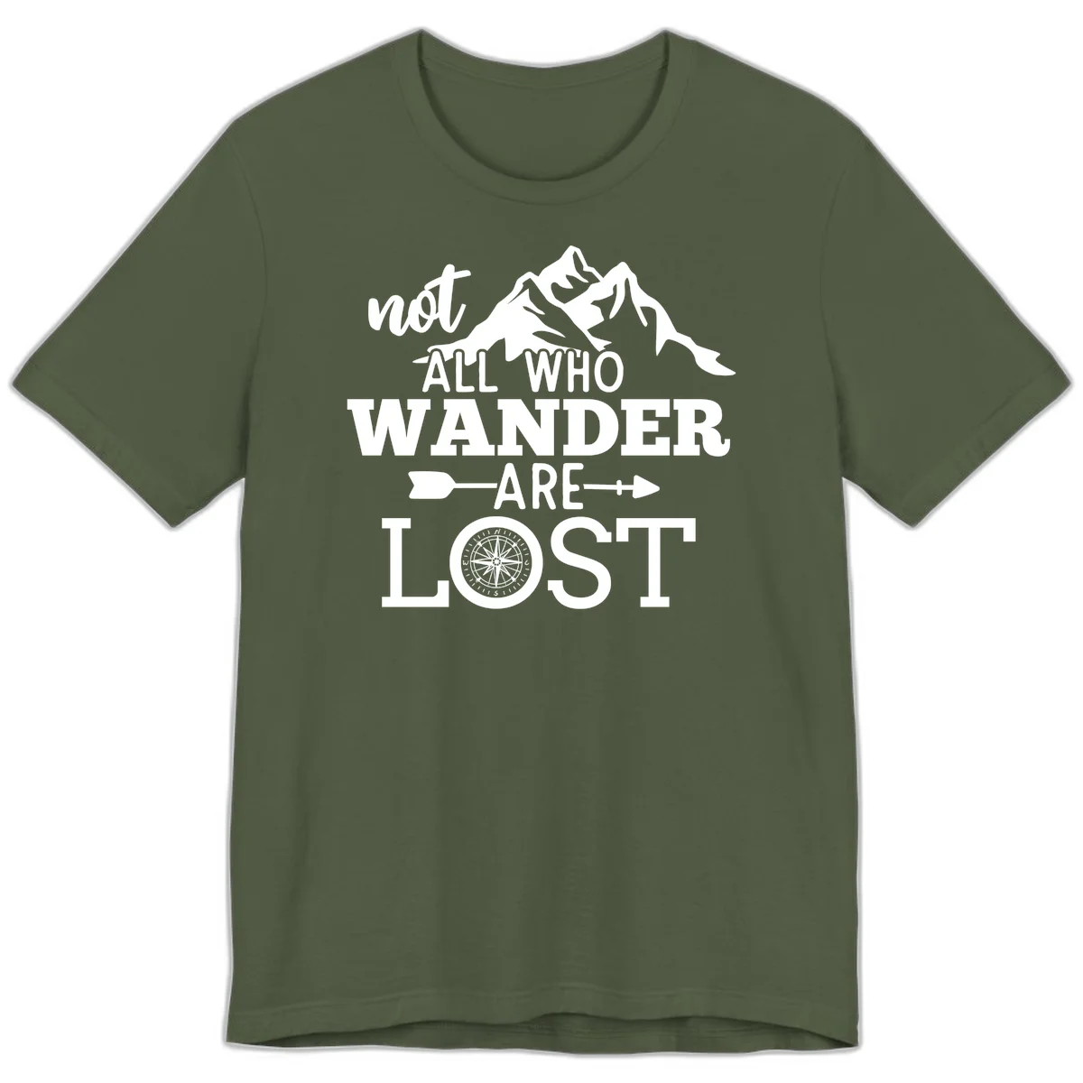White mountain silhouette with compass rose and arrows, text reads 'not ALL WHO WANDER ARE LOST' on gray background in Military Green