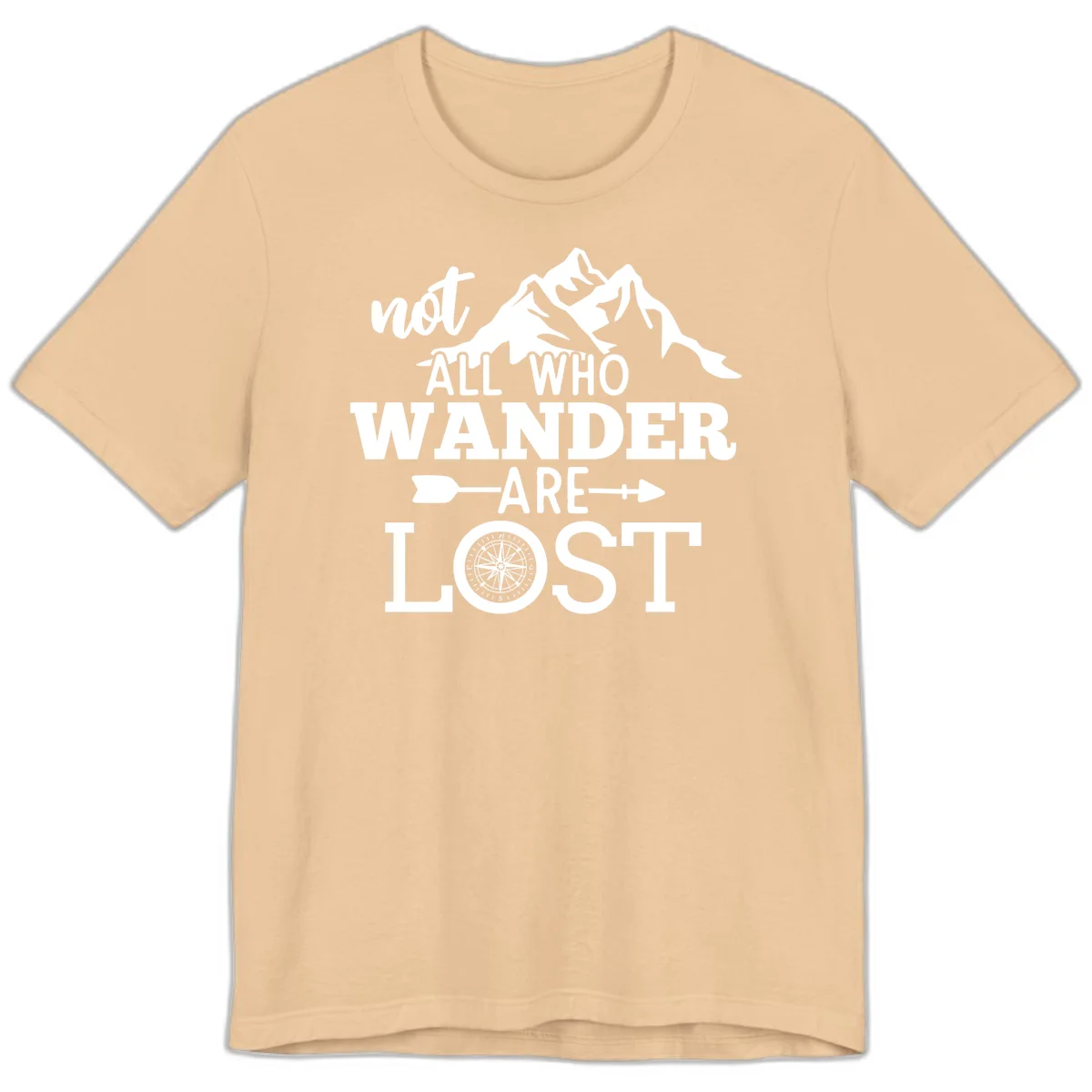 White mountain silhouette with compass rose and arrows, text reads 'not ALL WHO WANDER ARE LOST' on gray background in Sand Dune
