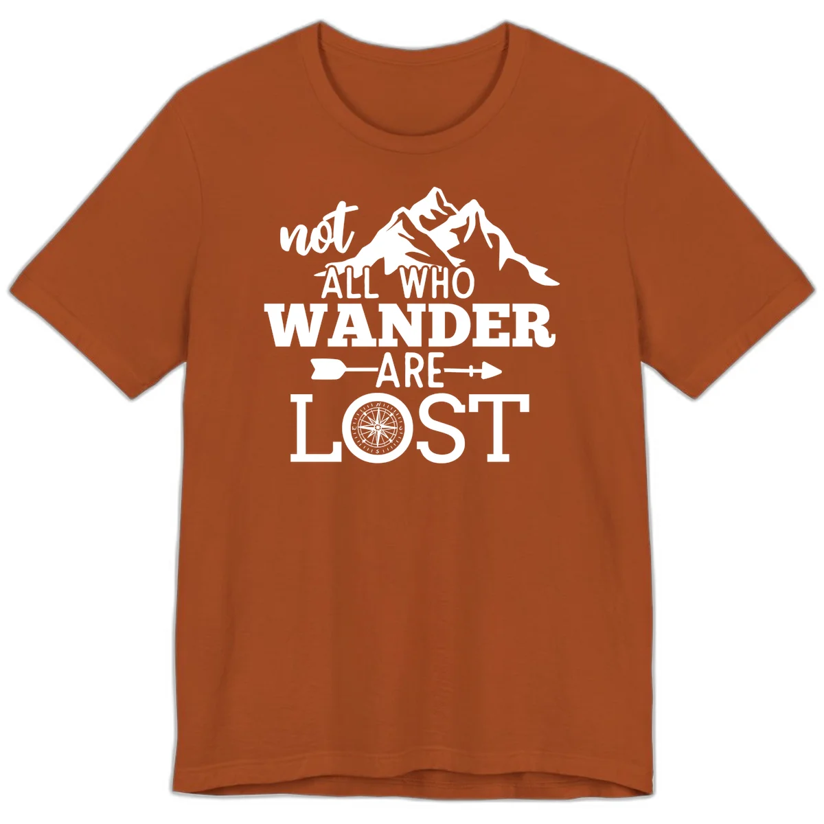White mountain silhouette with compass rose and arrows, text reads 'not ALL WHO WANDER ARE LOST' on gray background in Autumn
