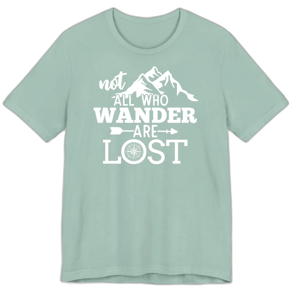 White mountain silhouette with compass rose and arrows, text reads 'not ALL WHO WANDER ARE LOST' on gray background in Dusty Blue