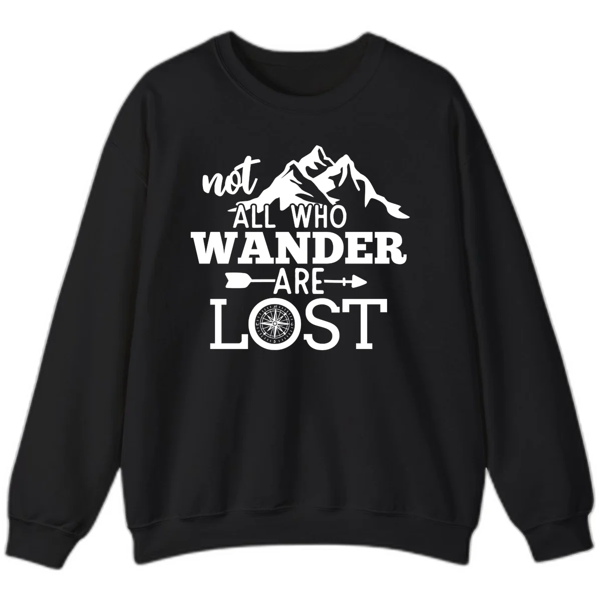 White mountain silhouette with compass rose and arrows, text reads 'not ALL WHO WANDER ARE LOST' on gray background in Black
