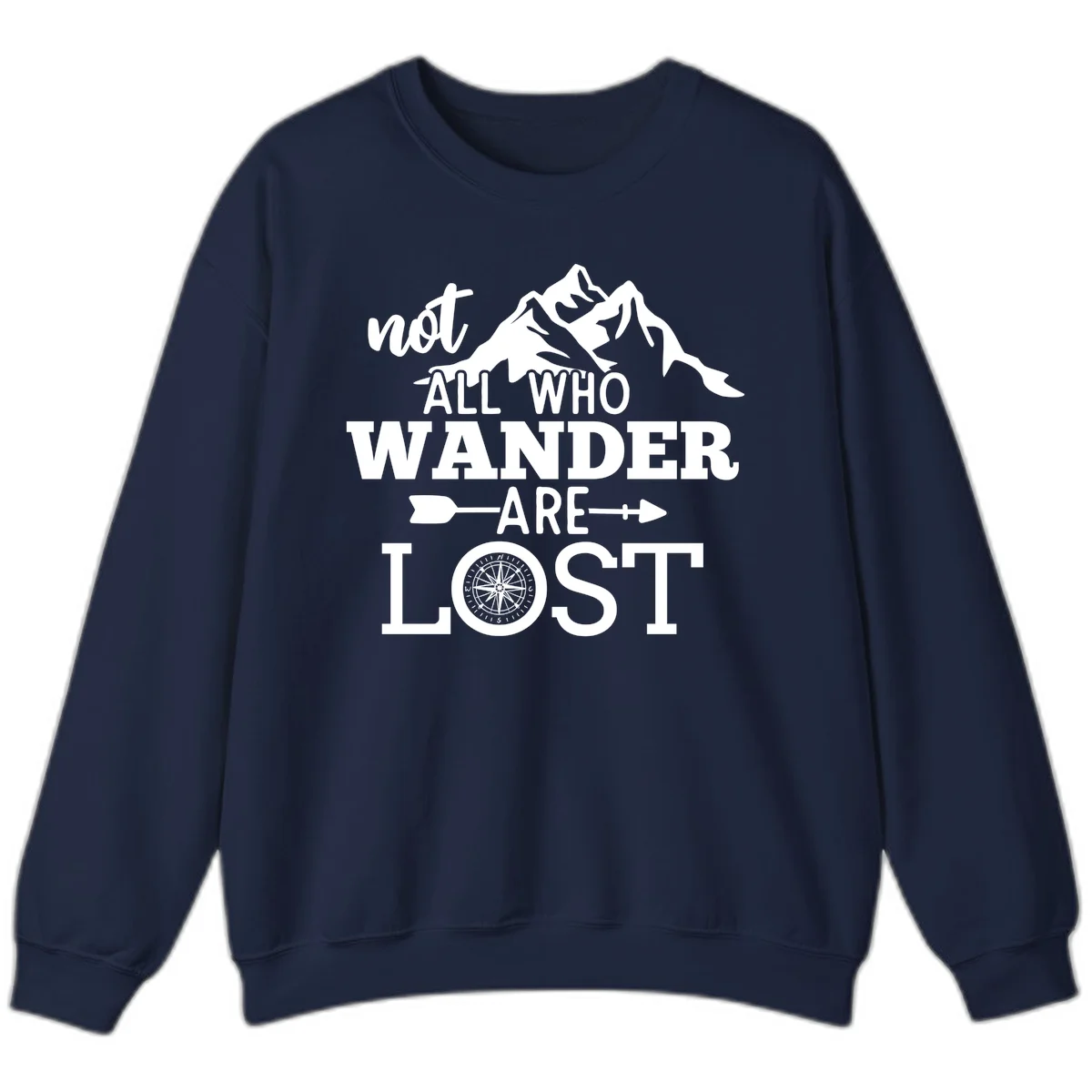 White mountain silhouette with compass rose and arrows, text reads 'not ALL WHO WANDER ARE LOST' on gray background in Navy