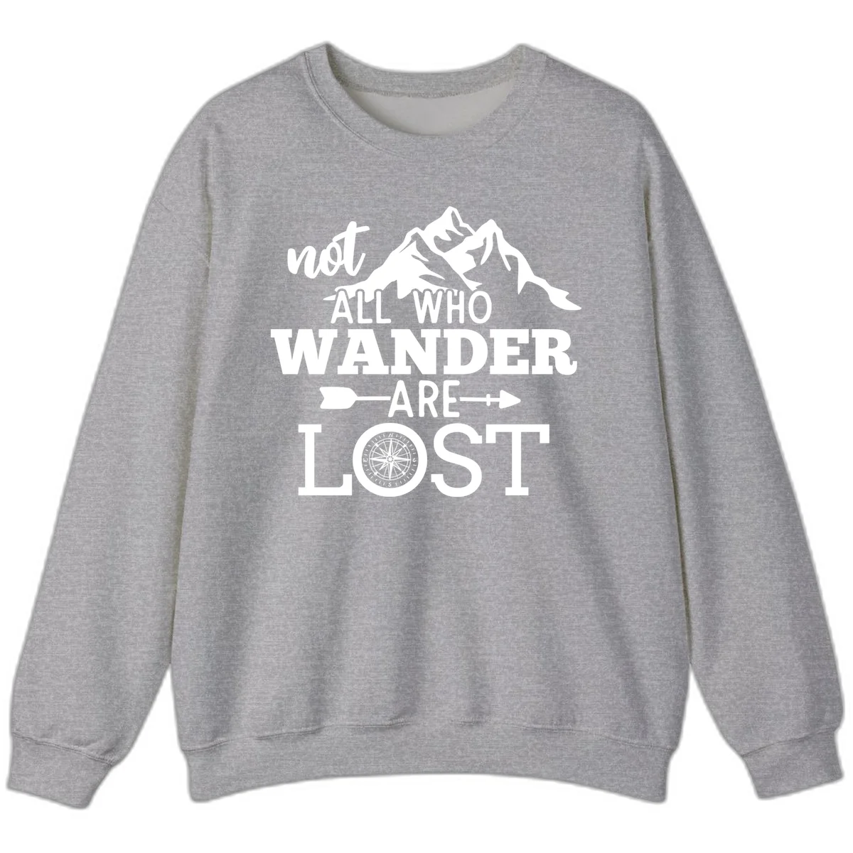 White mountain silhouette with compass rose and arrows, text reads 'not ALL WHO WANDER ARE LOST' on gray background in Sport Grey