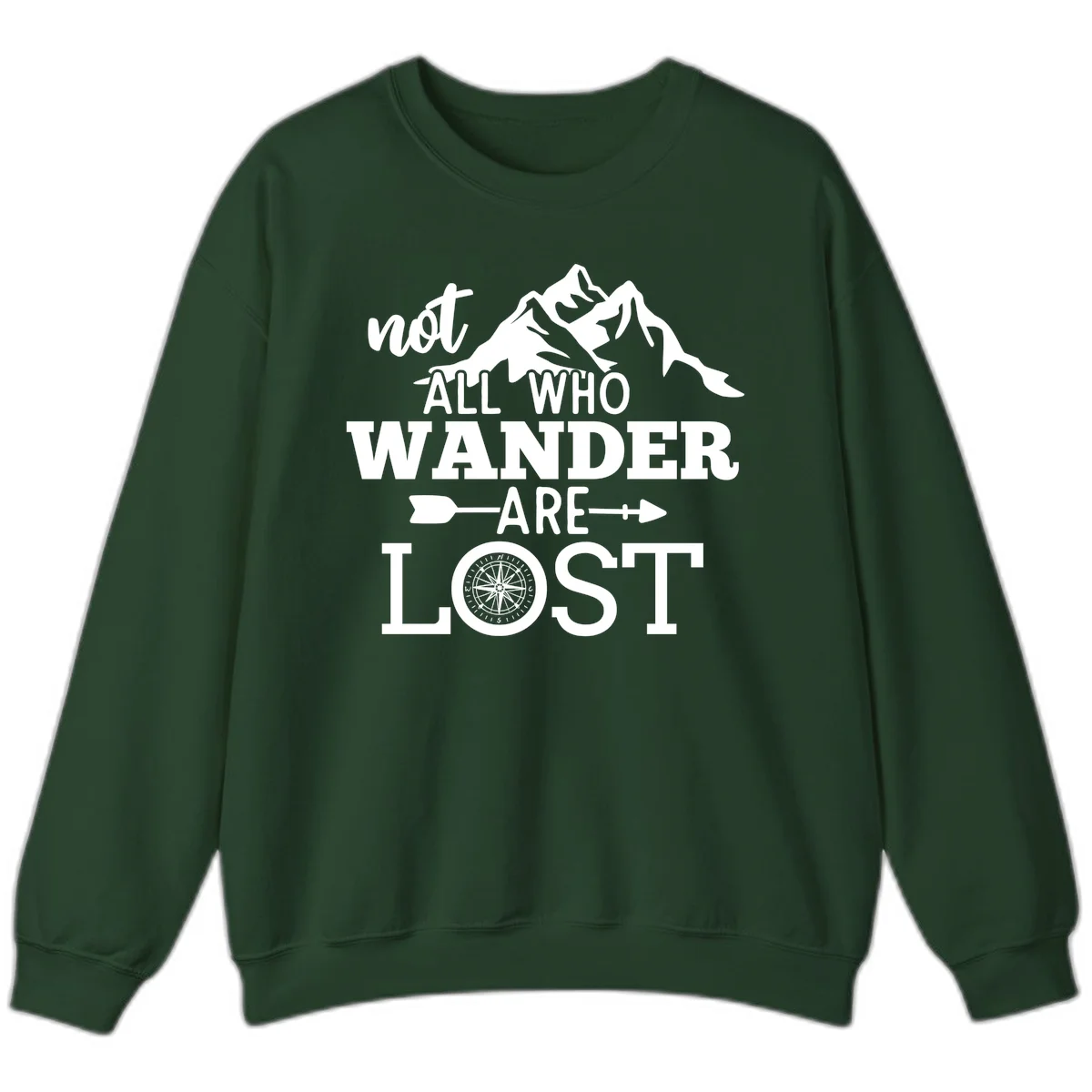 White mountain silhouette with compass rose and arrows, text reads 'not ALL WHO WANDER ARE LOST' on gray background in Forest Green
