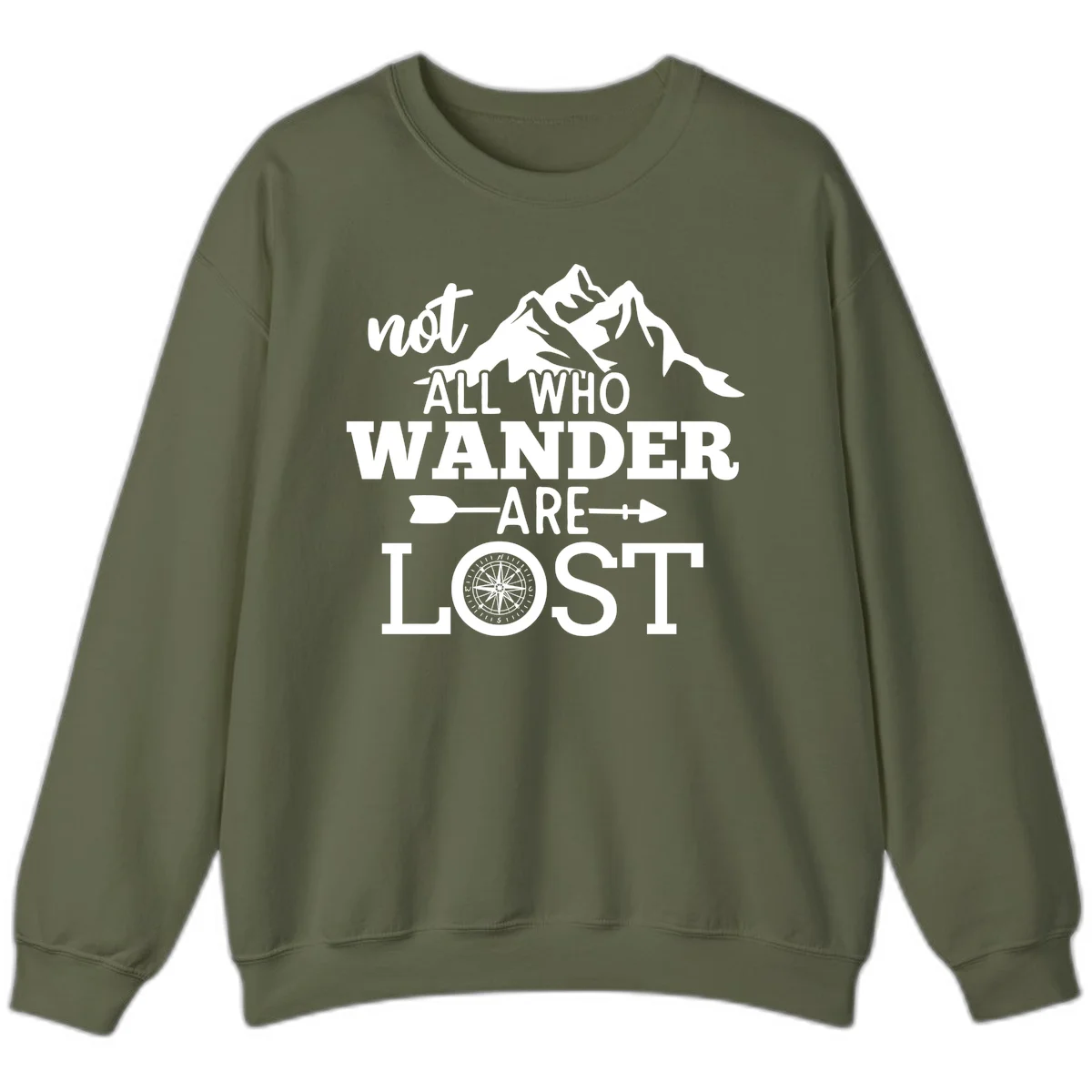 White mountain silhouette with compass rose and arrows, text reads 'not ALL WHO WANDER ARE LOST' on gray background in Military Green