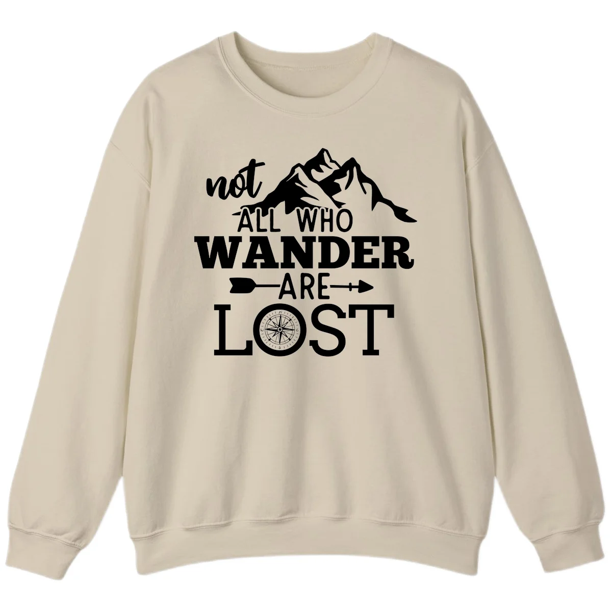 White mountain silhouette with compass rose and arrows, text reads 'not ALL WHO WANDER ARE LOST' on gray background in Sand