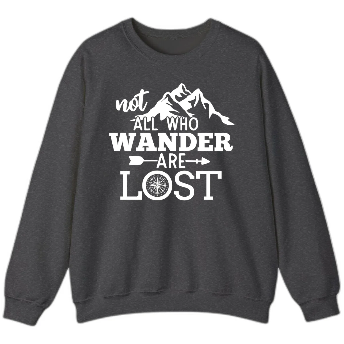 White mountain silhouette with compass rose and arrows, text reads 'not ALL WHO WANDER ARE LOST' on gray background in Dark Heather