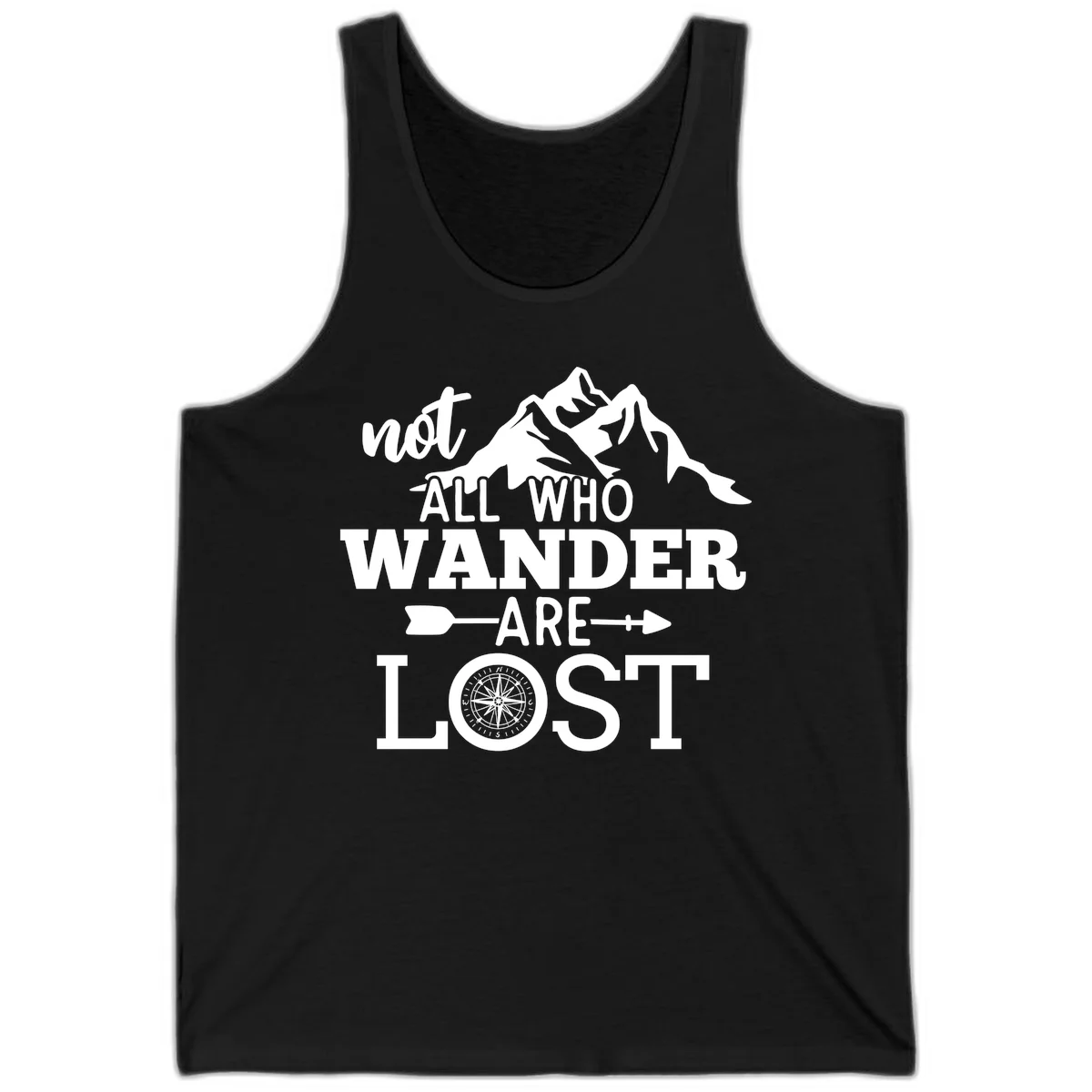 White mountain silhouette with compass rose and arrows, text reads 'not ALL WHO WANDER ARE LOST' on gray background in Black