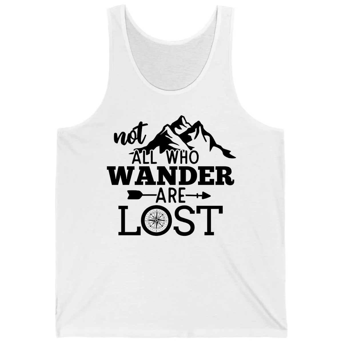 White mountain silhouette with compass rose and arrows, text reads 'not ALL WHO WANDER ARE LOST' on gray background in White