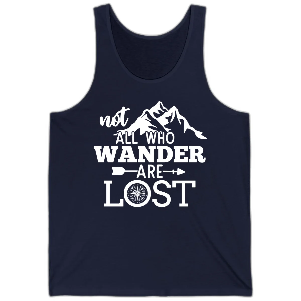 White mountain silhouette with compass rose and arrows, text reads 'not ALL WHO WANDER ARE LOST' on gray background in Navy