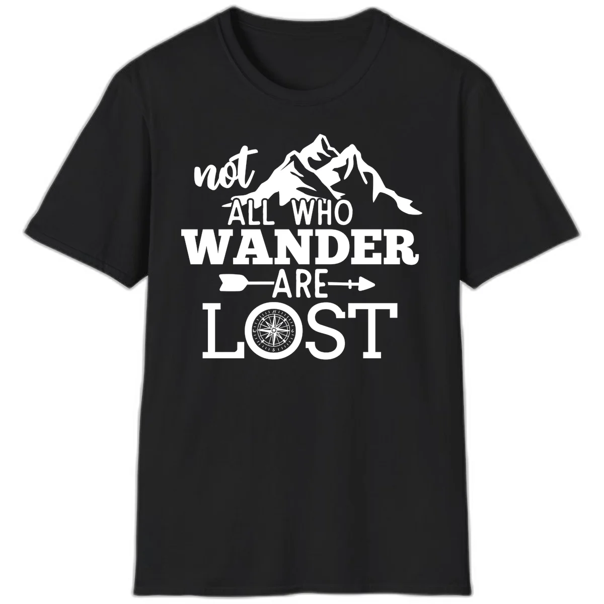 White mountain silhouette with compass rose and arrows, text reads 'not ALL WHO WANDER ARE LOST' on gray background in Black
